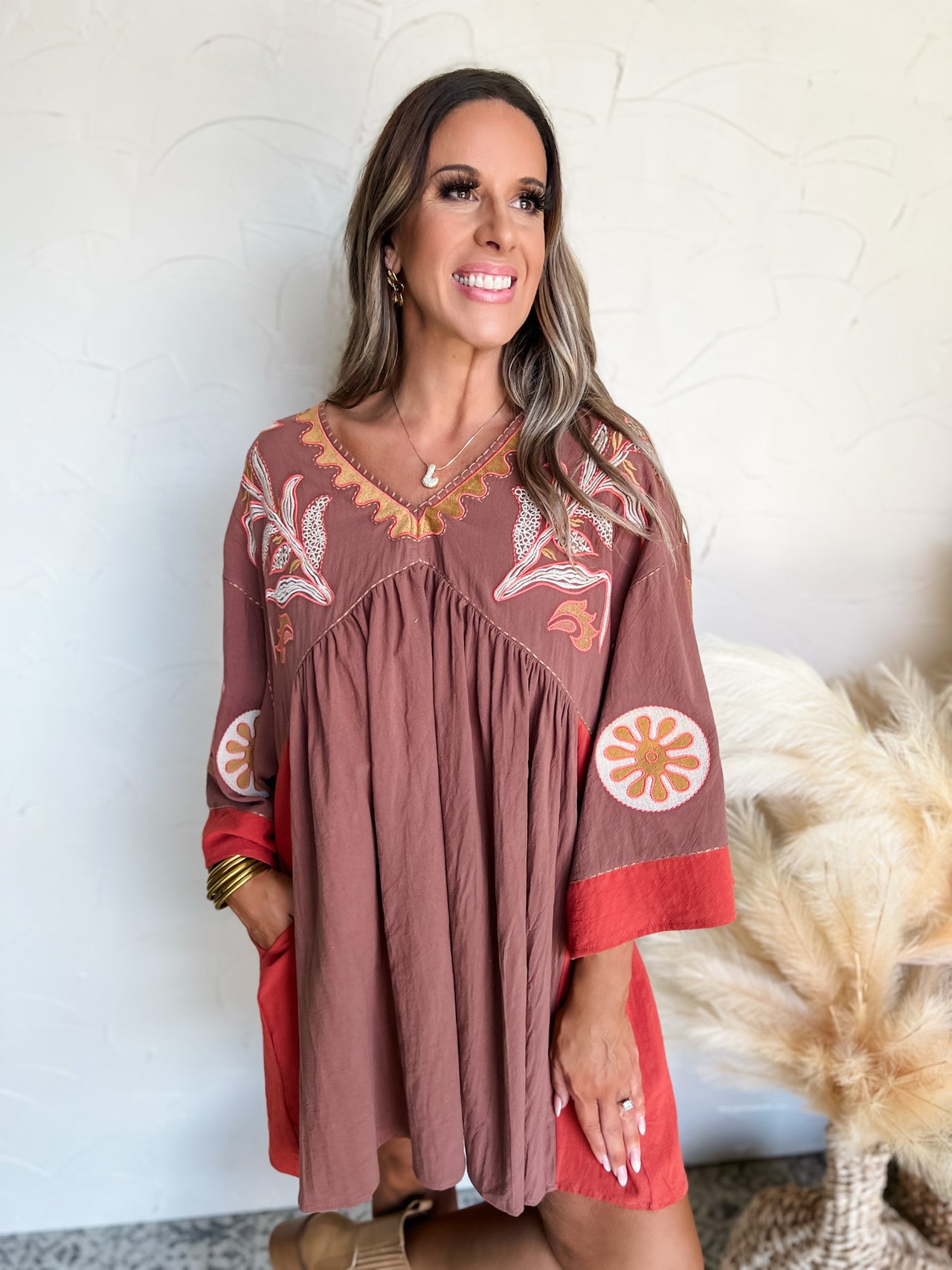 Kind Of A Flirt Embroidered Linen Dress- Mocha