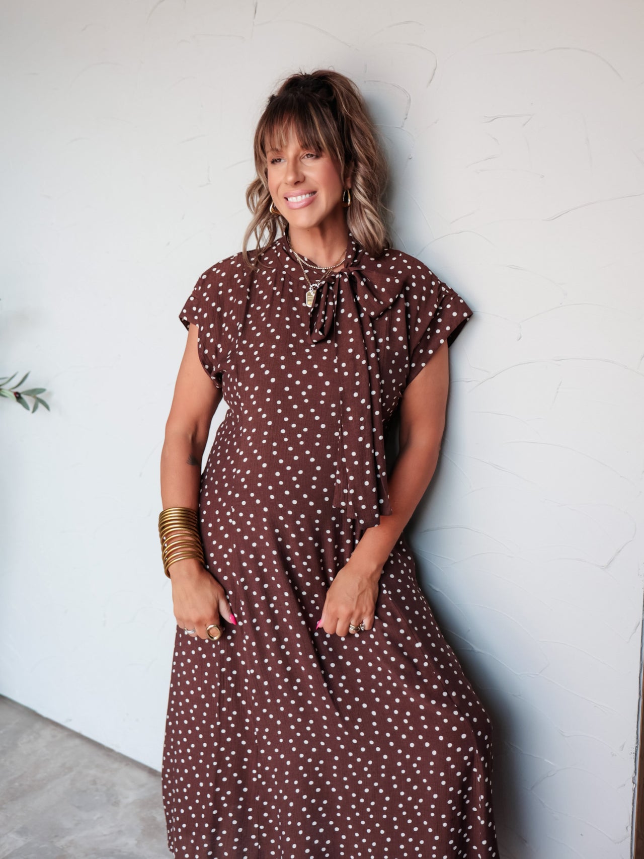 One Truth High Neck Polka Dot Midi Dress