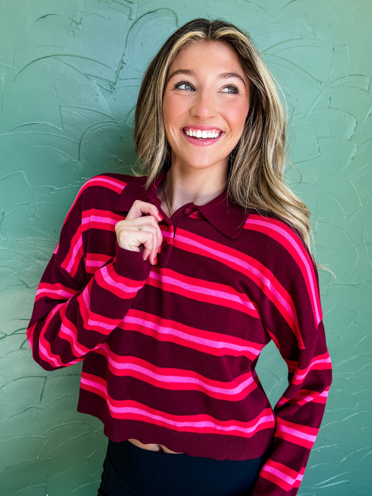 Just Be You Stripe Collared Top- Crimson Red Pink