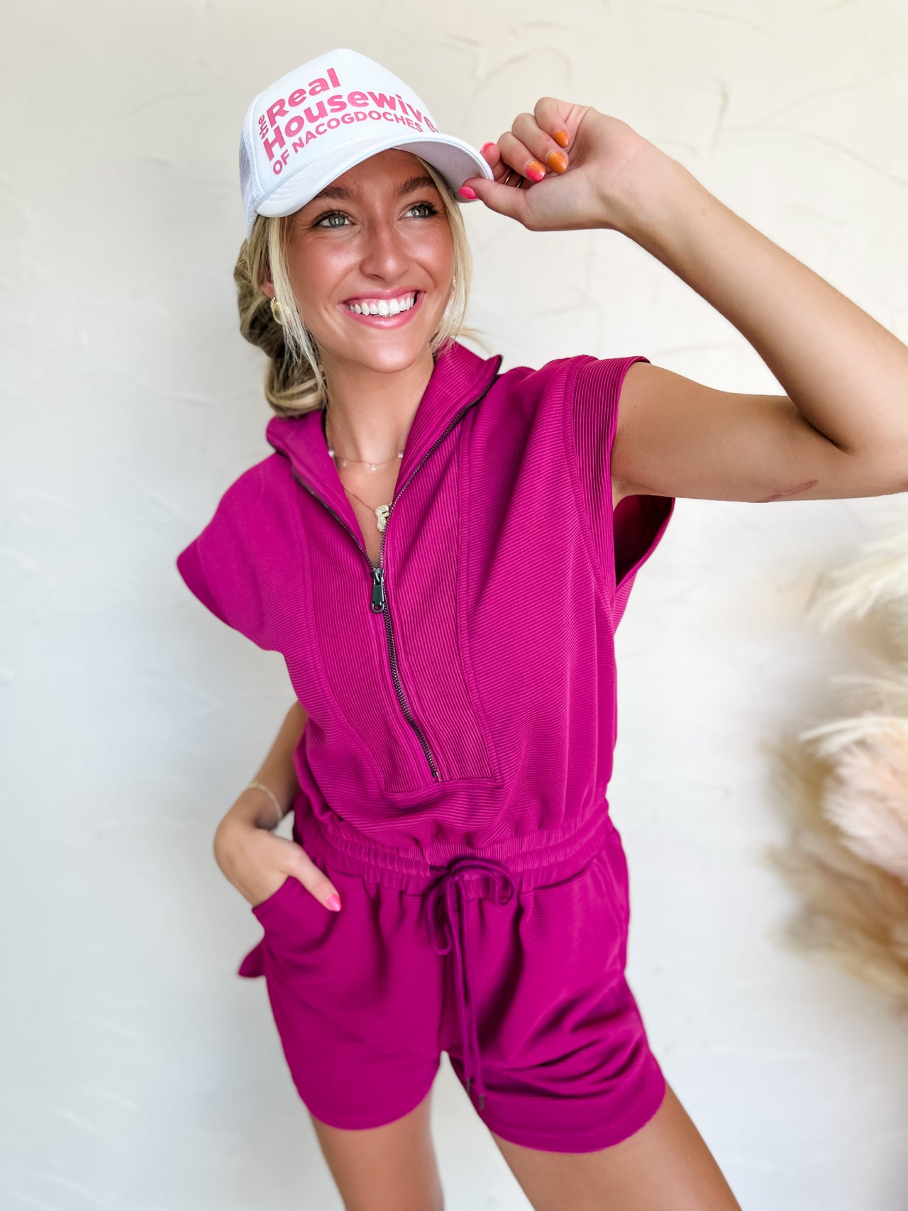 Here For A Good Time Romper- Magenta