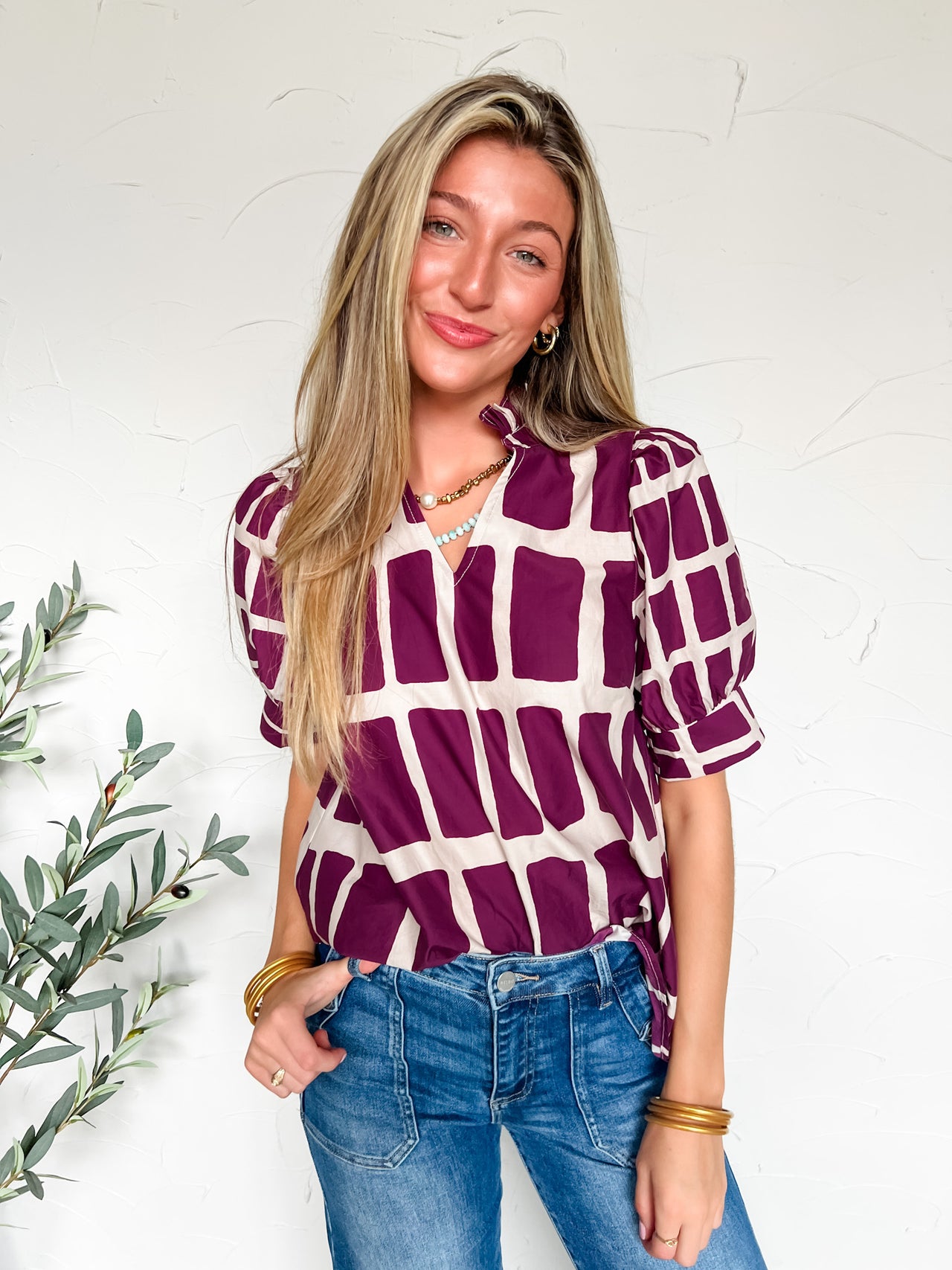 Sweet As You Abstract V Neck Top- Wine