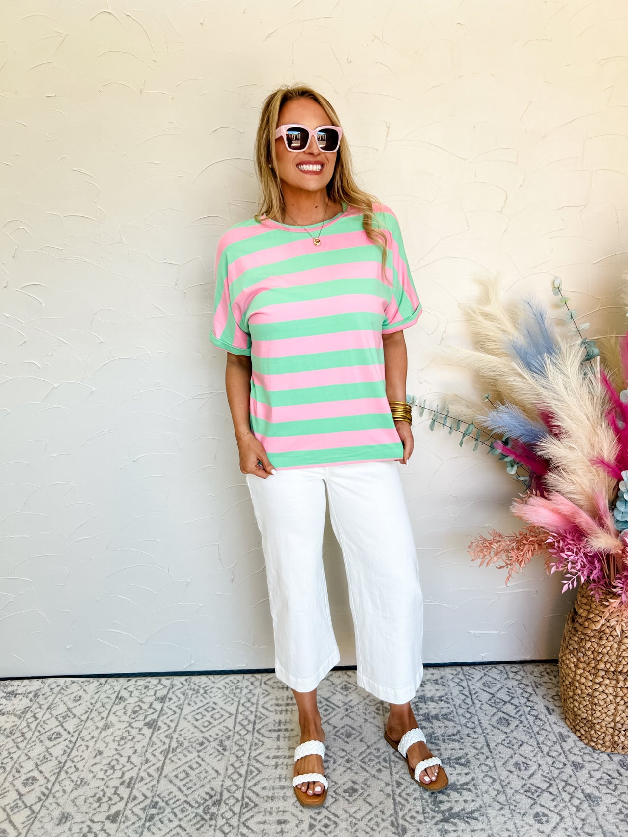 Willing To Risk It Striped Top- Green/Pink