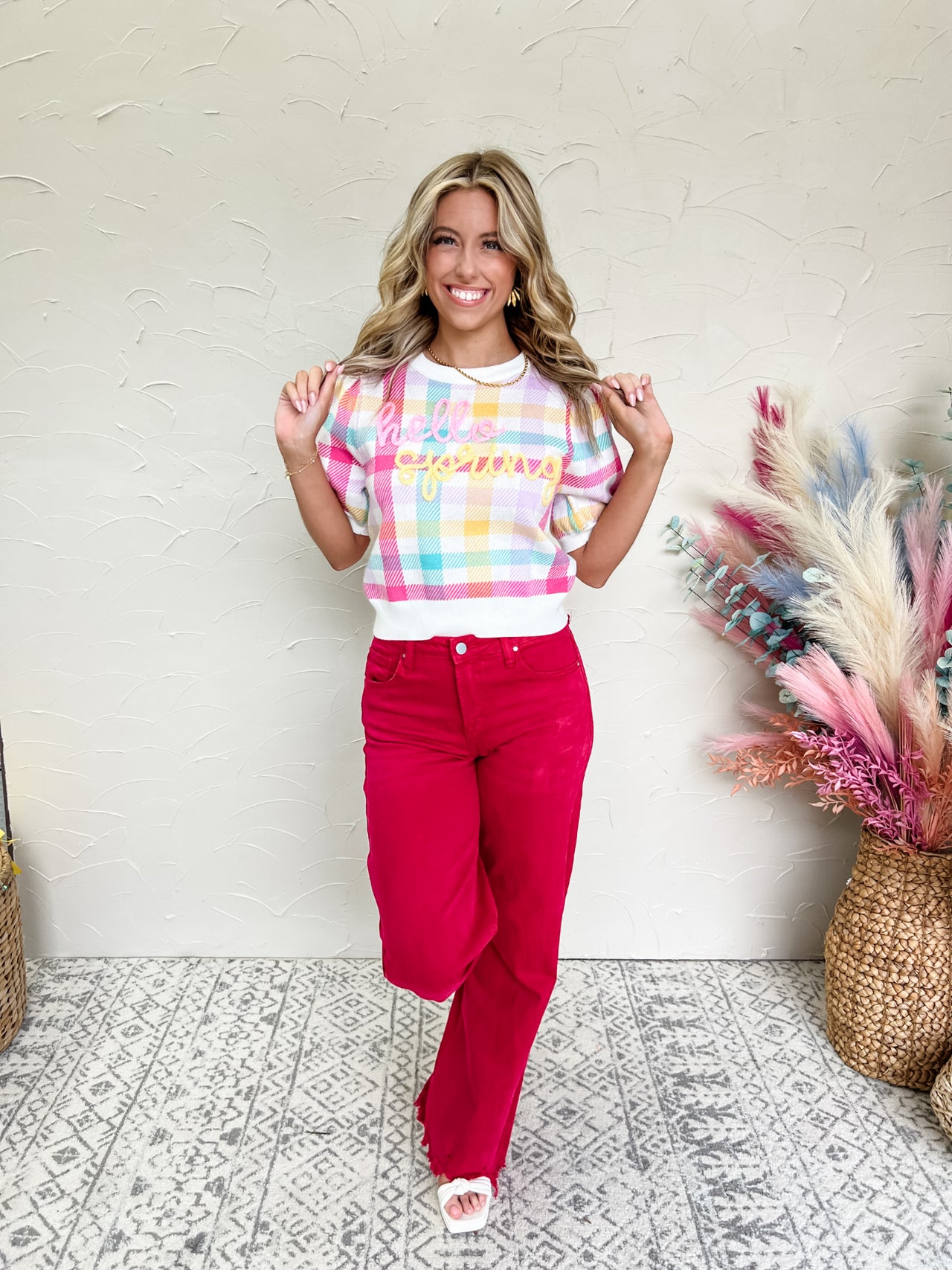 Easter Hello Spring Gingham Sweater