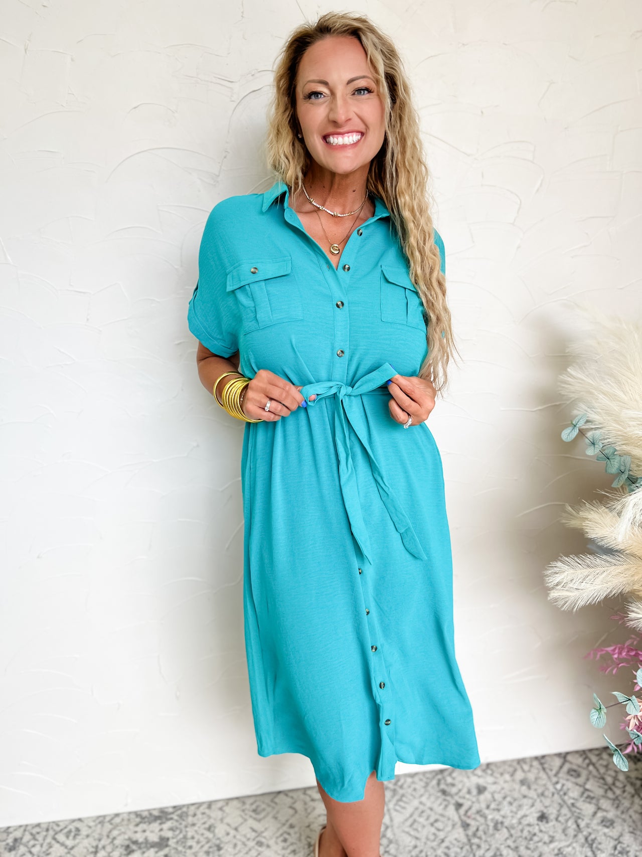 Where Life Happens Button Down Dress- Emerald