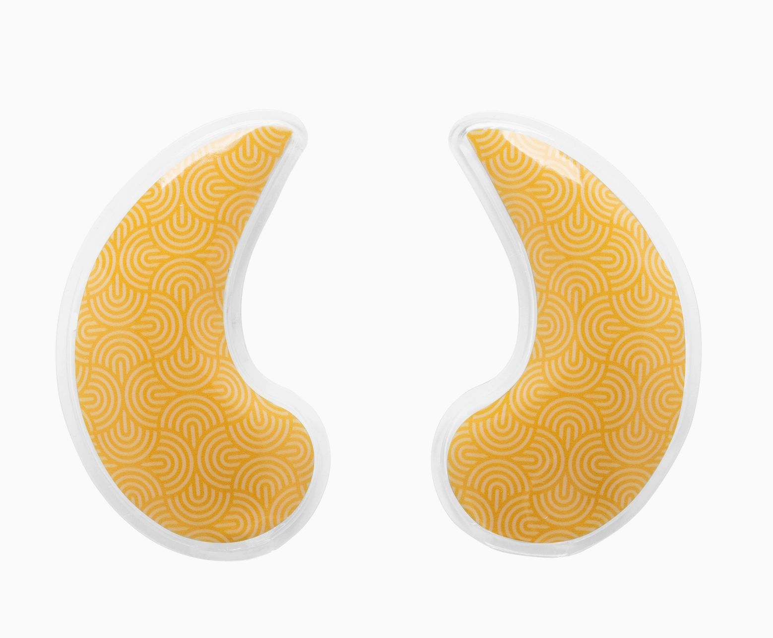 Two crescent-shaped yellow eye patches with a repeating wave pattern and white borders, shown on a plain white background.