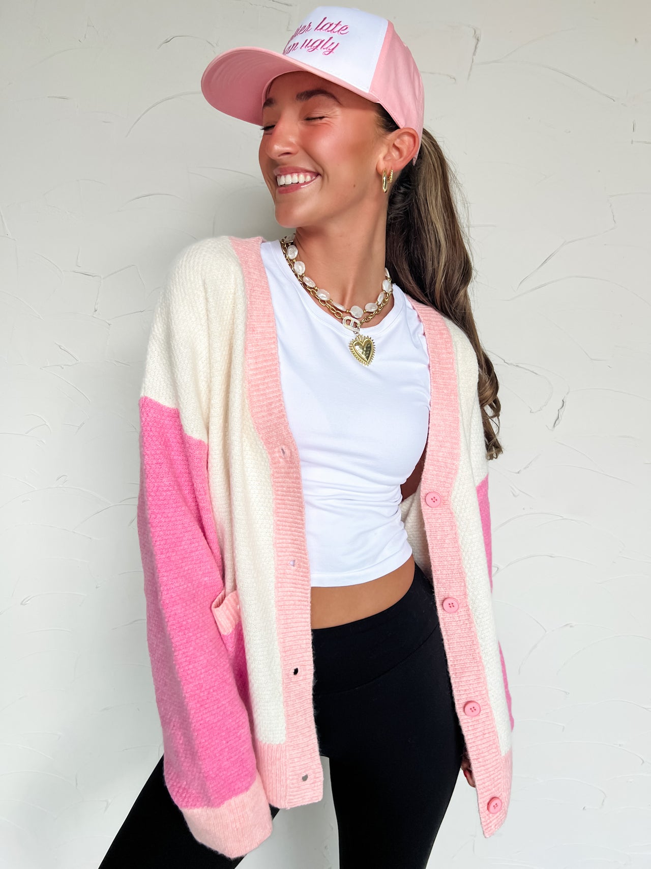 Let's Be Honest Sweater Cardigan- Ivory/Pink/Blush