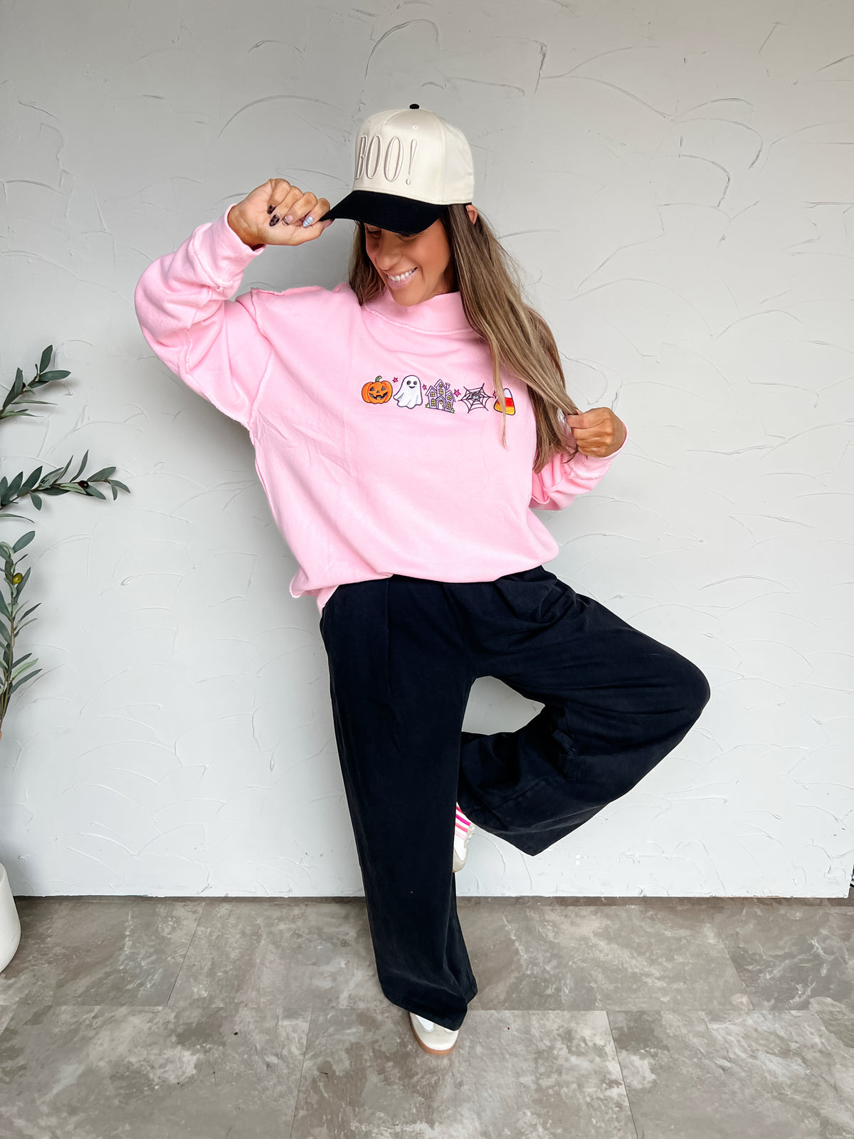 Halloween Elements Embroidered Mock Neck Sweatshirt