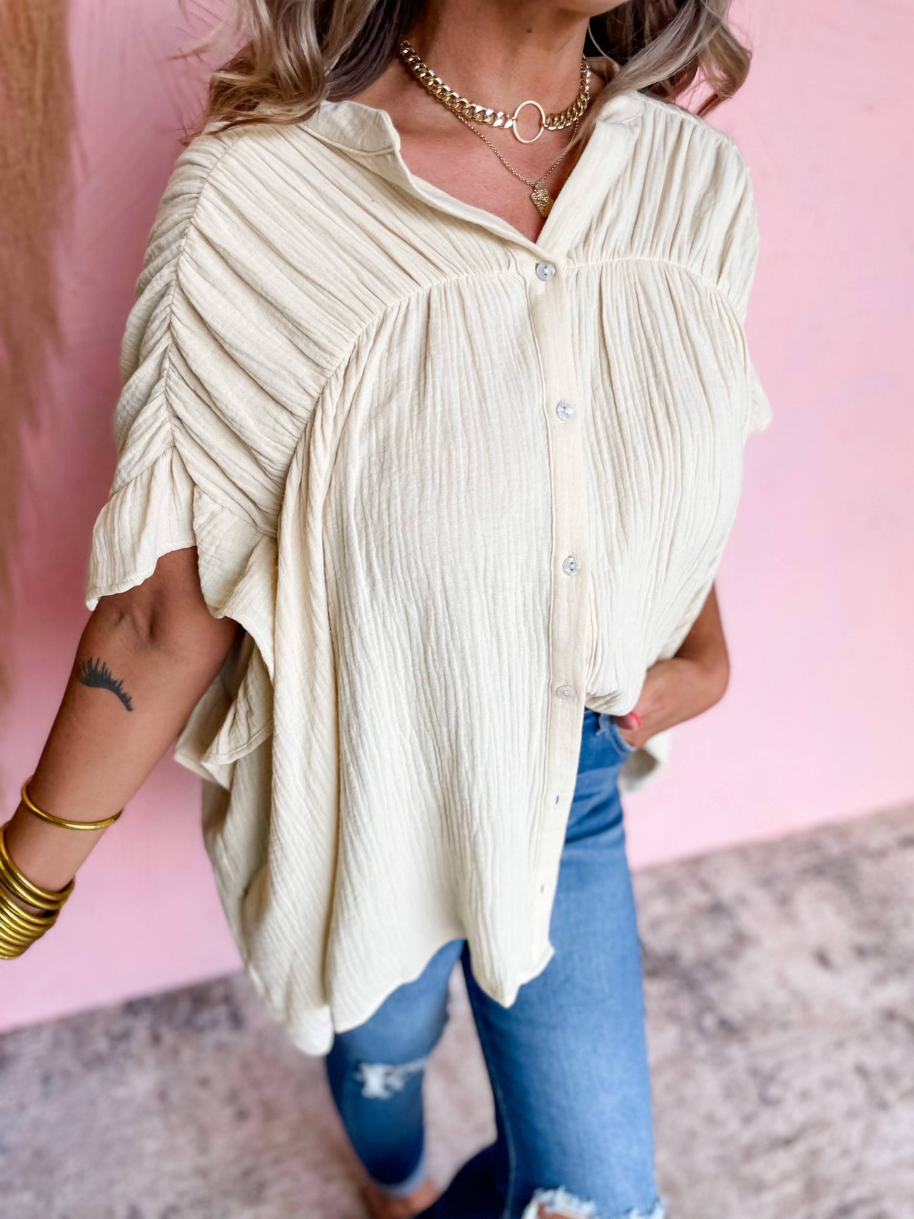 Tan Loose Fit Gauze Detailed Top