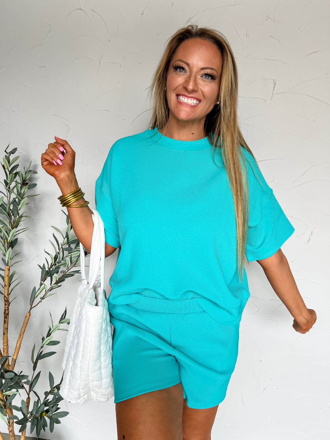 Making Me Blush Ribbed Set- Turquoise