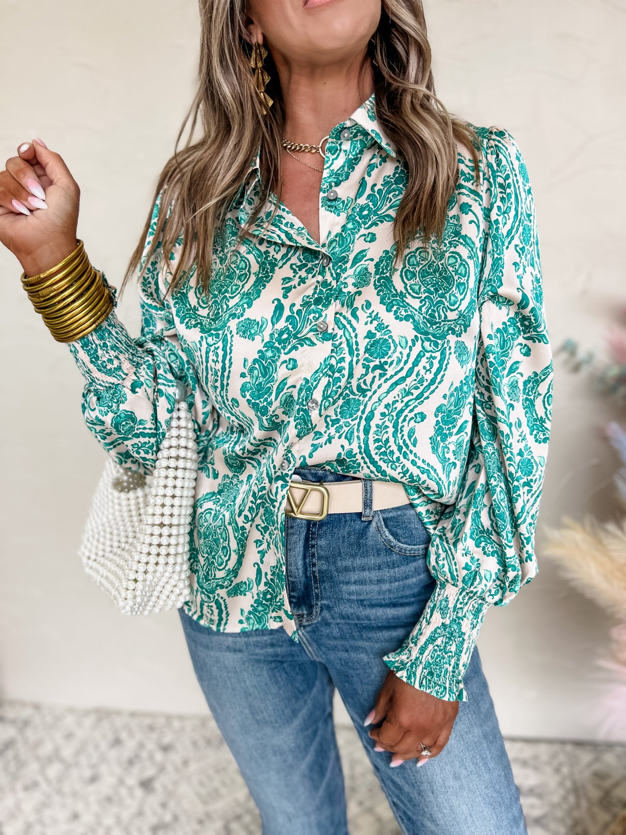 A Game Changer Paisley Bubble Sleeve Top- Emerald