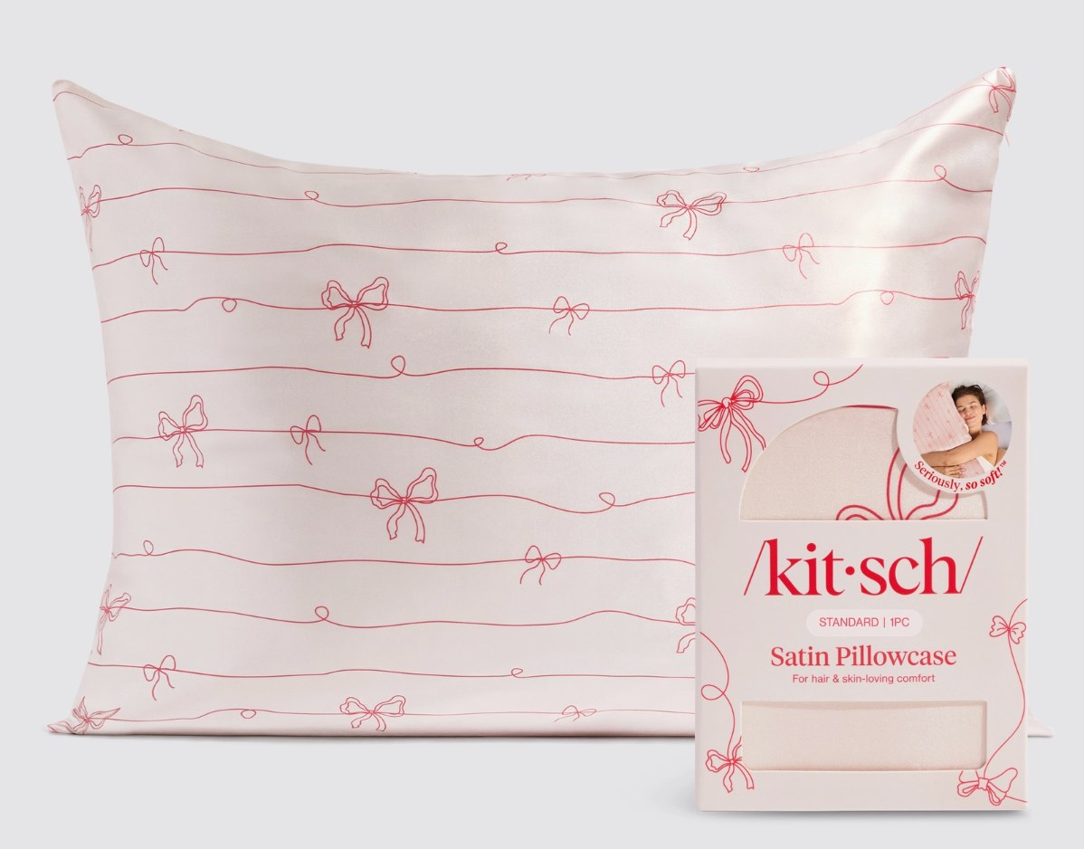 Holiday Satin Pillowcase in Striped Bows