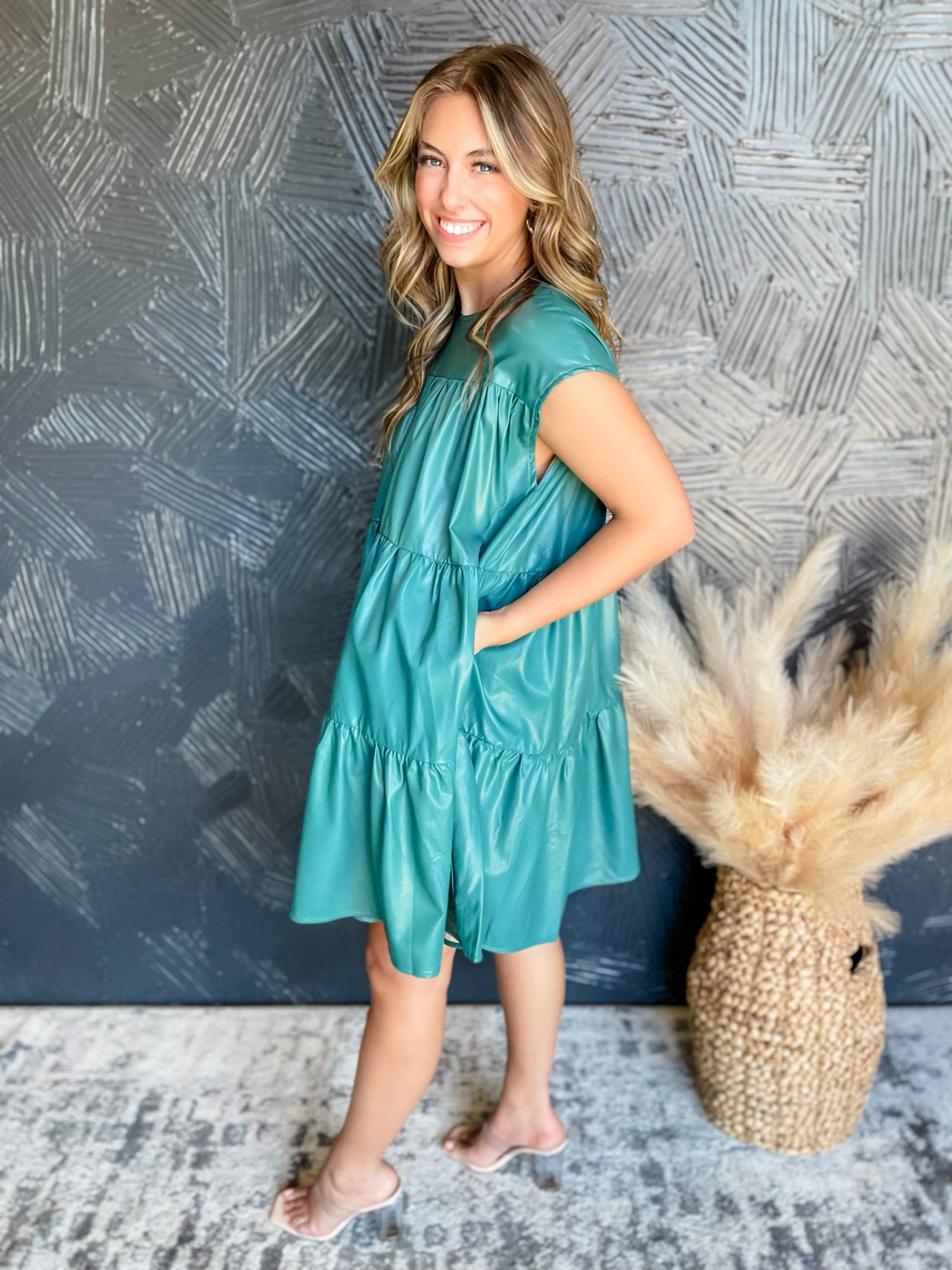 Teal Cap Sleeve Leather Tiered Dress
