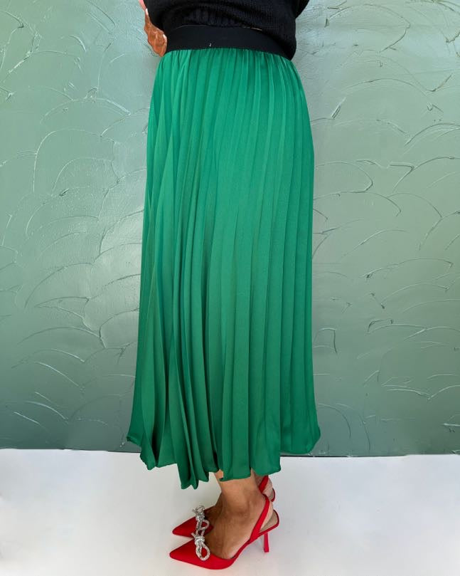 Lovely In Green Pleated Satin Midi Skirt