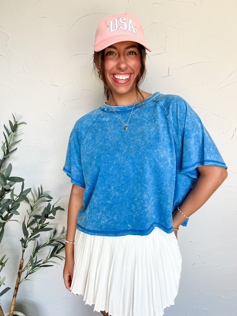 She's The Real Deal Acid Wash Cropped Tee- Ocean Blue