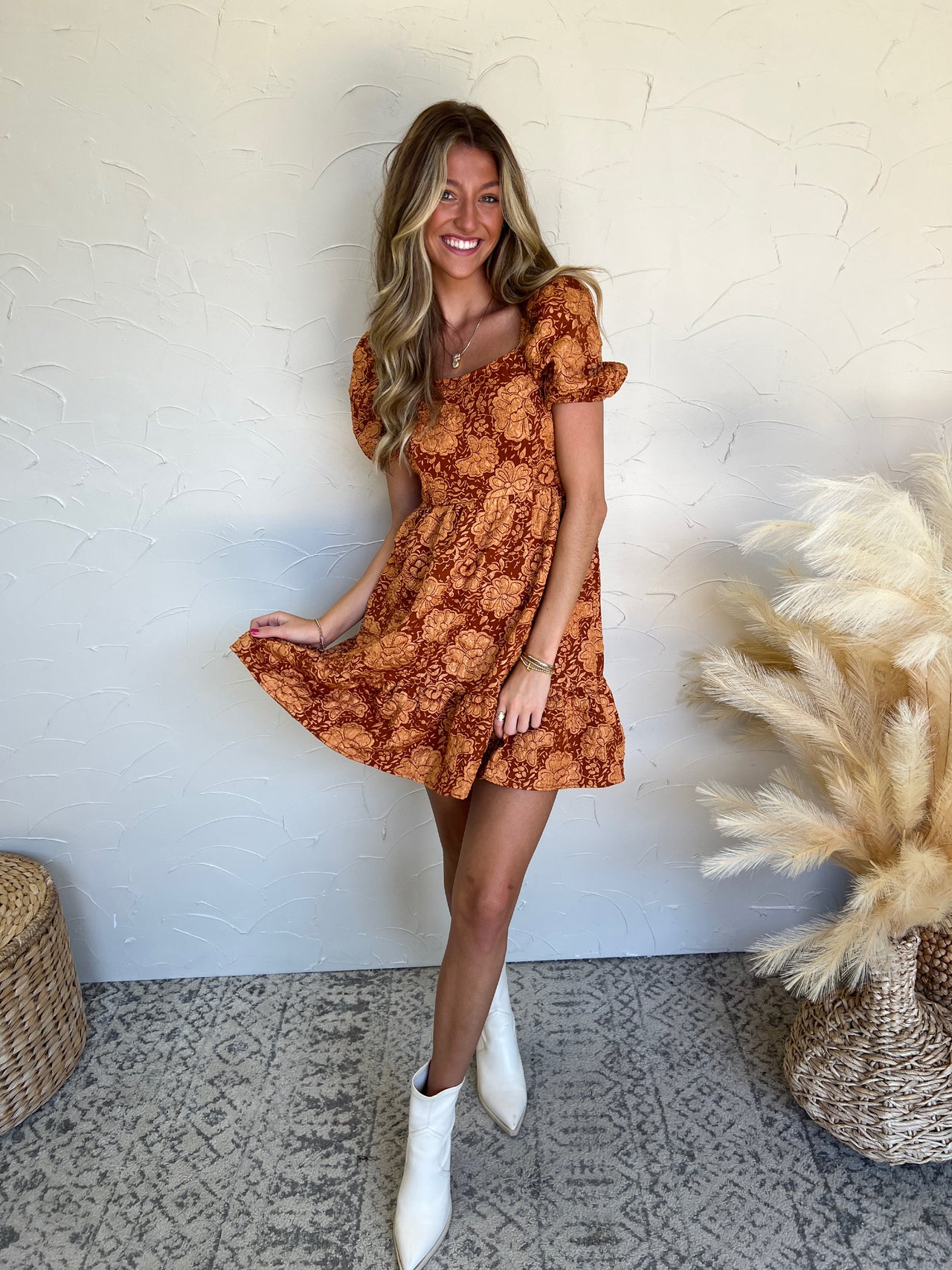 For All Eternity Jacquard Babydoll Dress- Burnt Orange