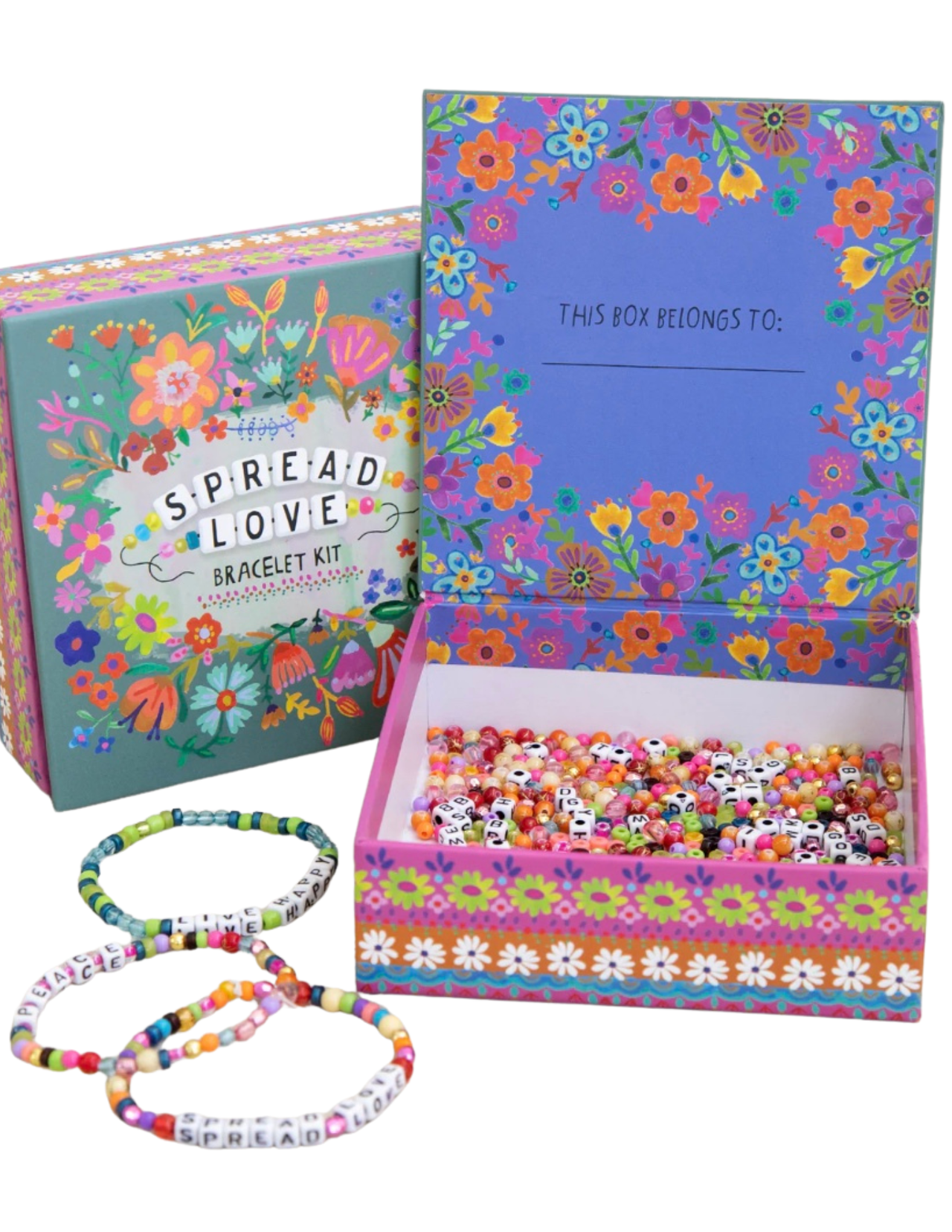 Colorful bracelet kit with 'Spread Love' message and floral design on packaging