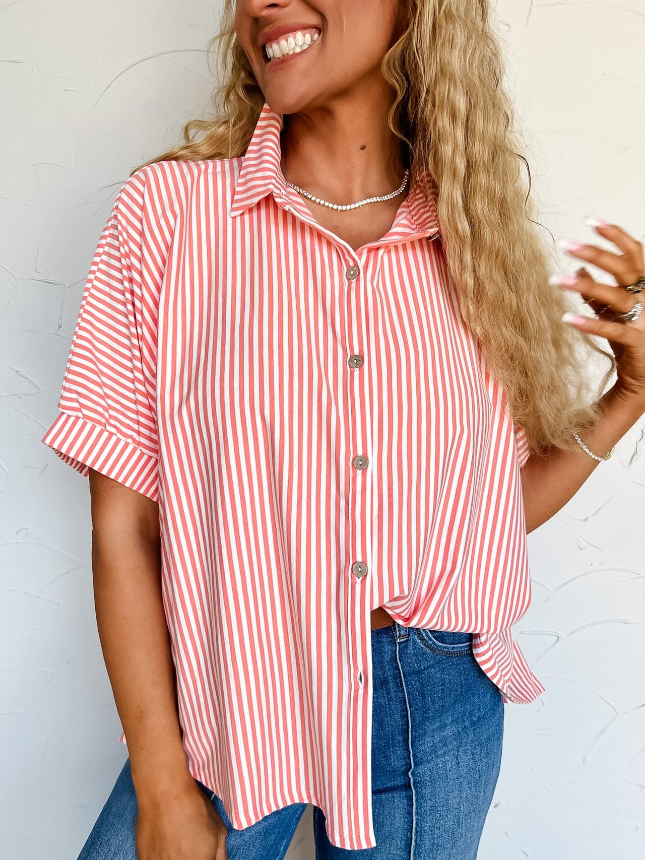 Chance It Together Oversized Stripe Shirt- Coral