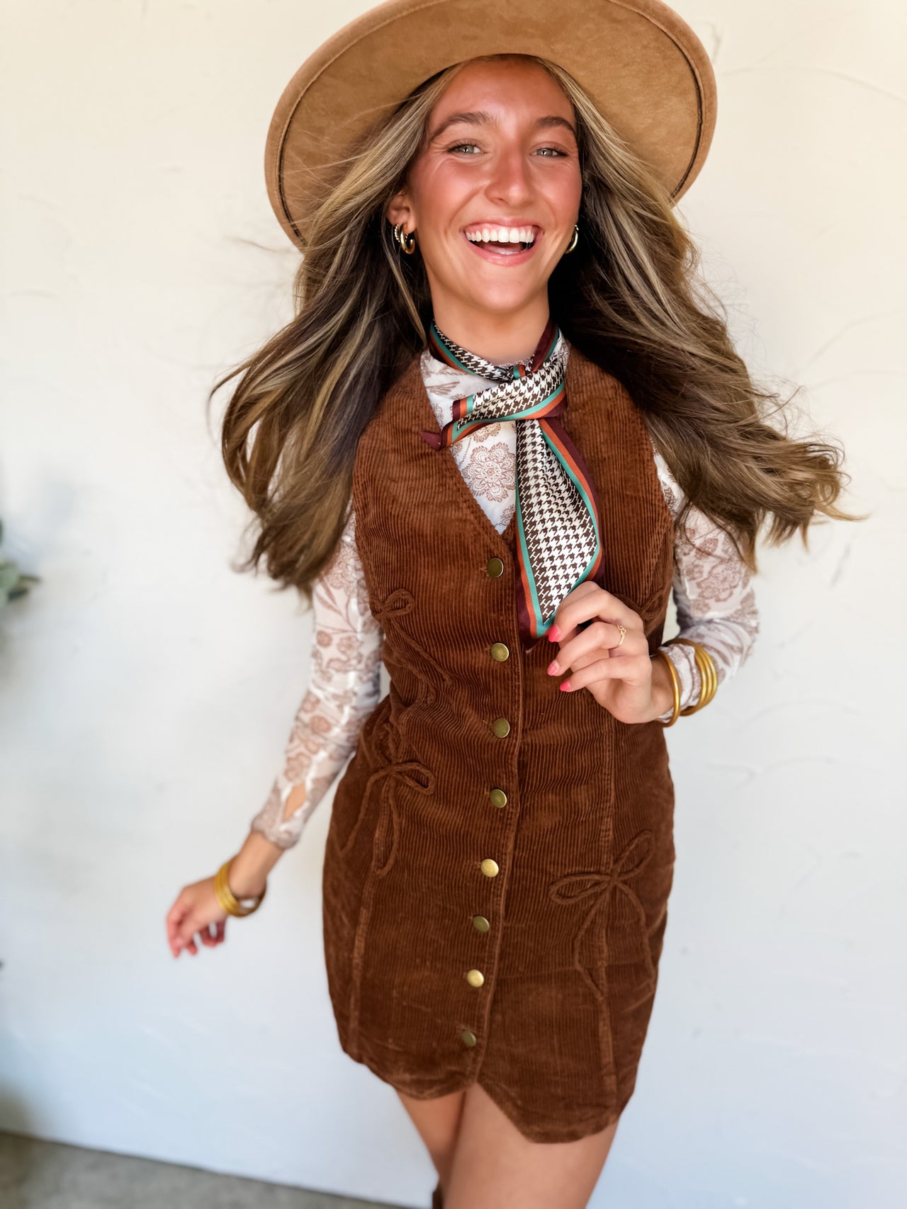 Main Attraction Bow Detailed Corduroy Mini Dress