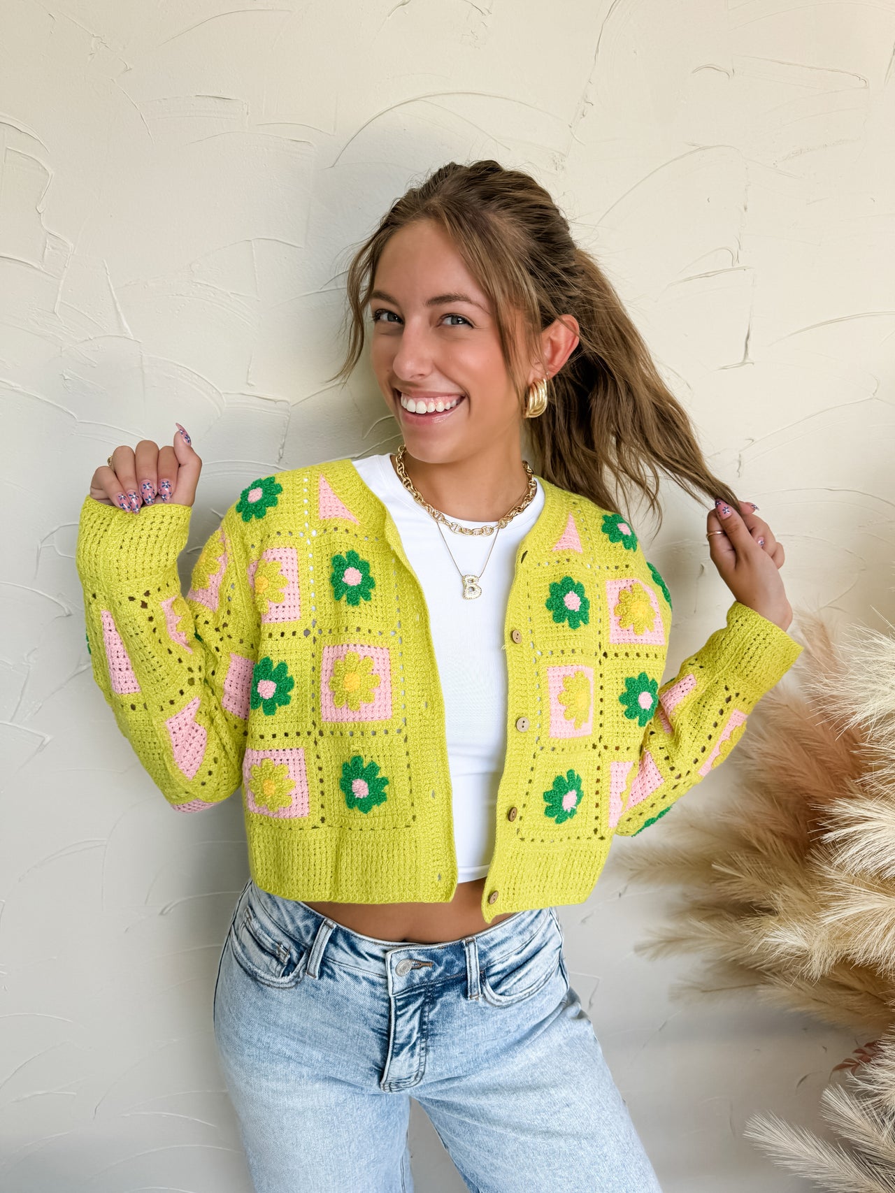 Inspire Me Floral Crochet Cropped Cardigan- Avocado