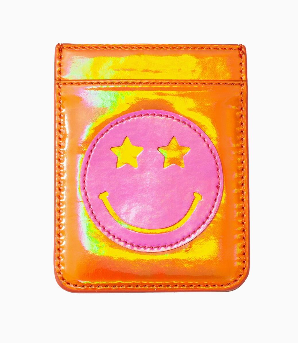 Holographic pink and orange cardholder with a smiley face with star eyes design on a white background