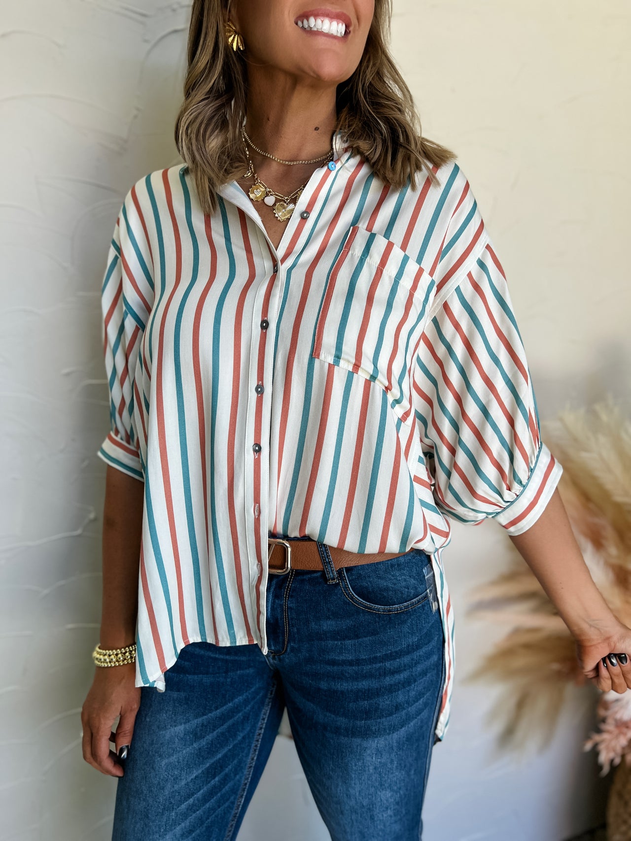 Don't Run From It Striped Button Top- Blue Rust