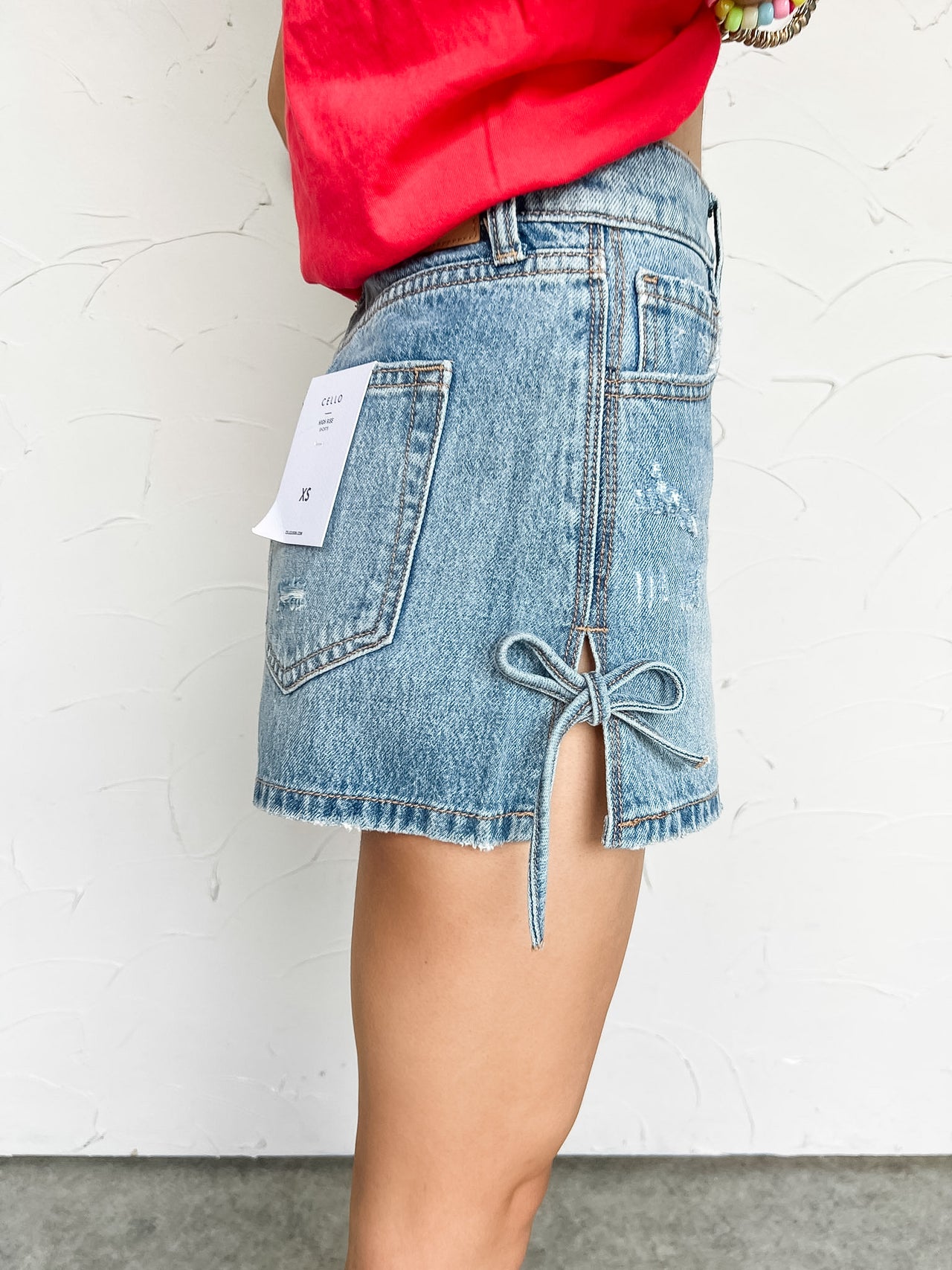 Just A Moment High Rise Side Self Tie Denim Shorts