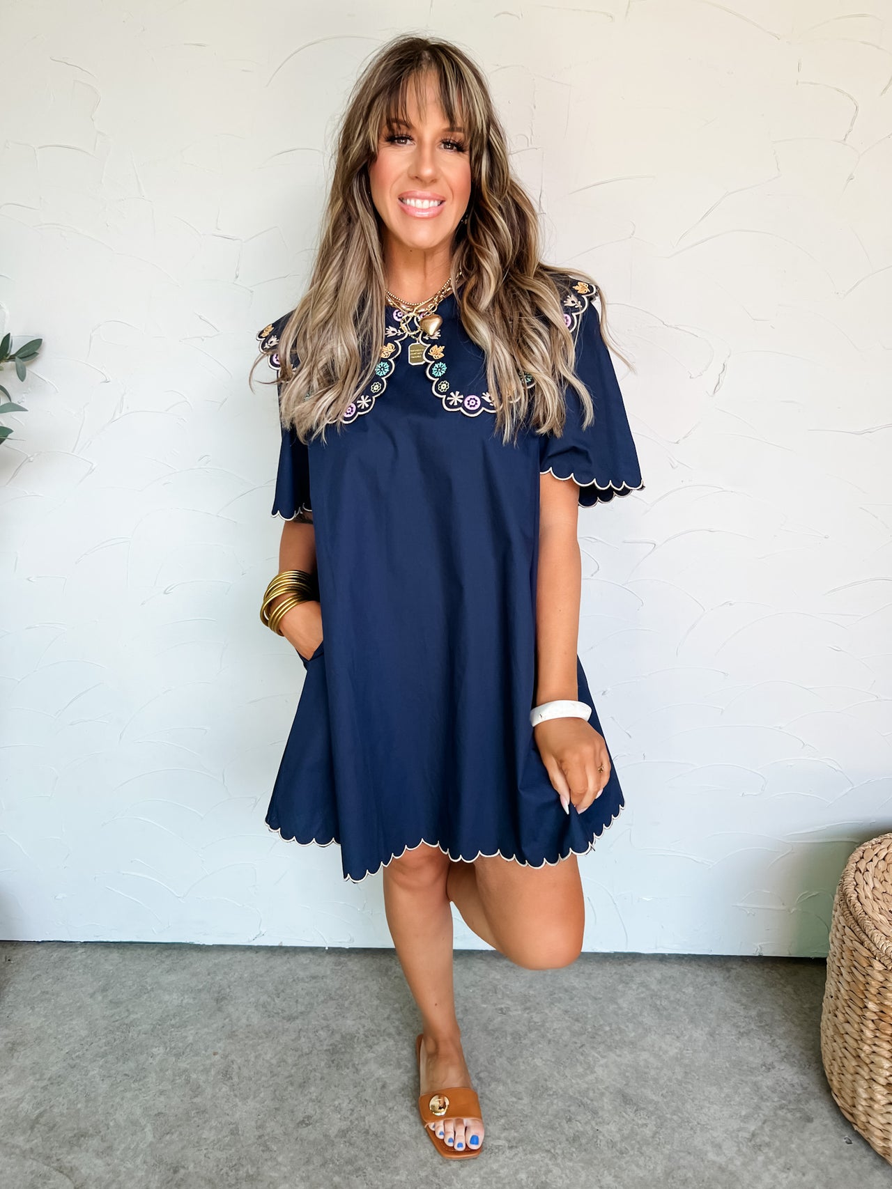In My Eyes Embroidered Peter Pan Collar Denim Dress- Navy