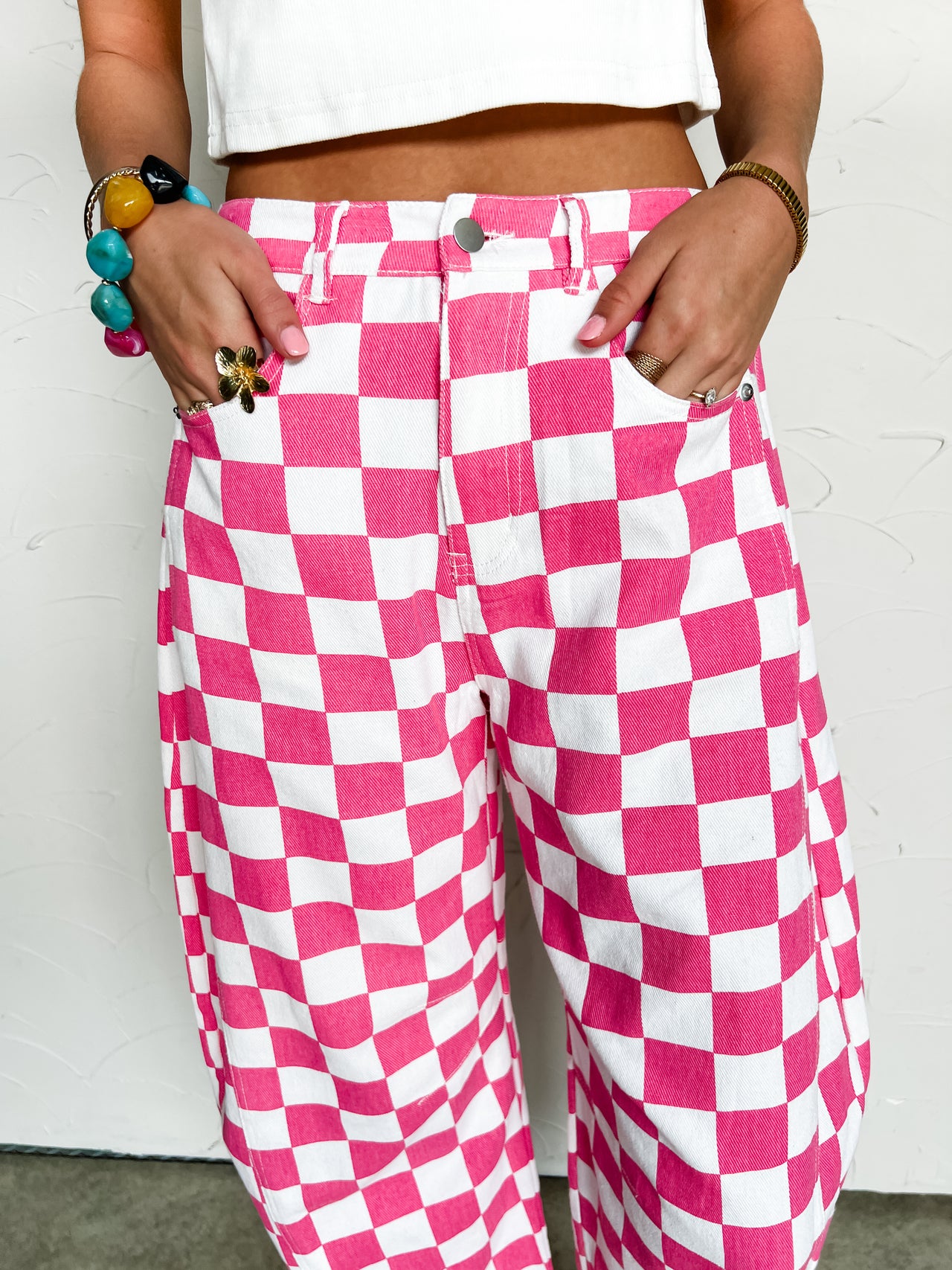 Immaculate Vibes Pink Checkered Barrel Denim Pants