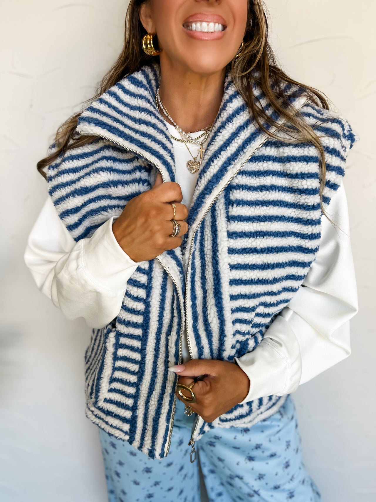 Out Of Sight Striped Sherpa Vest- Ivory/Blue