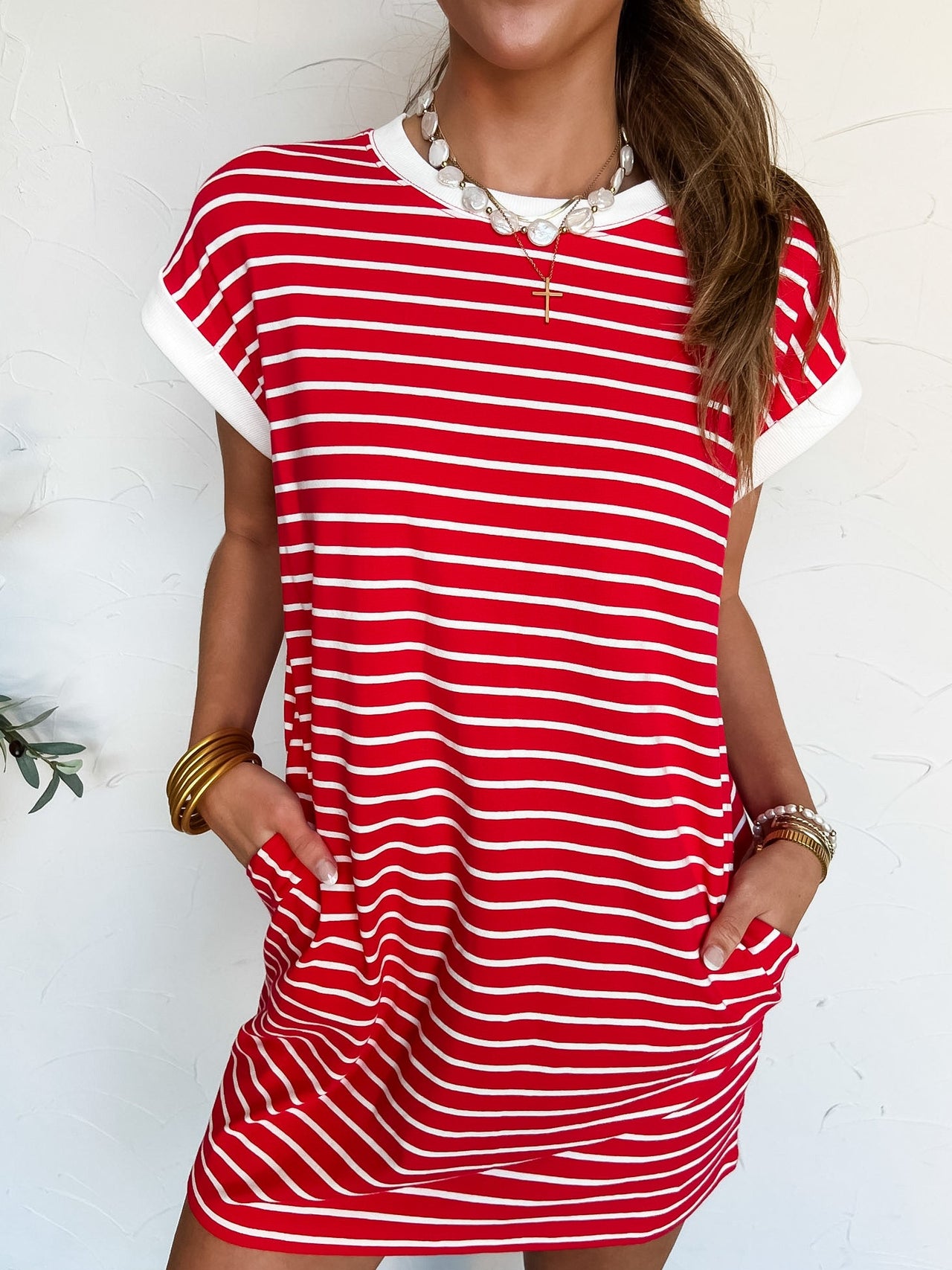 You Got Me Striped T- Shirt Dress- Ruby