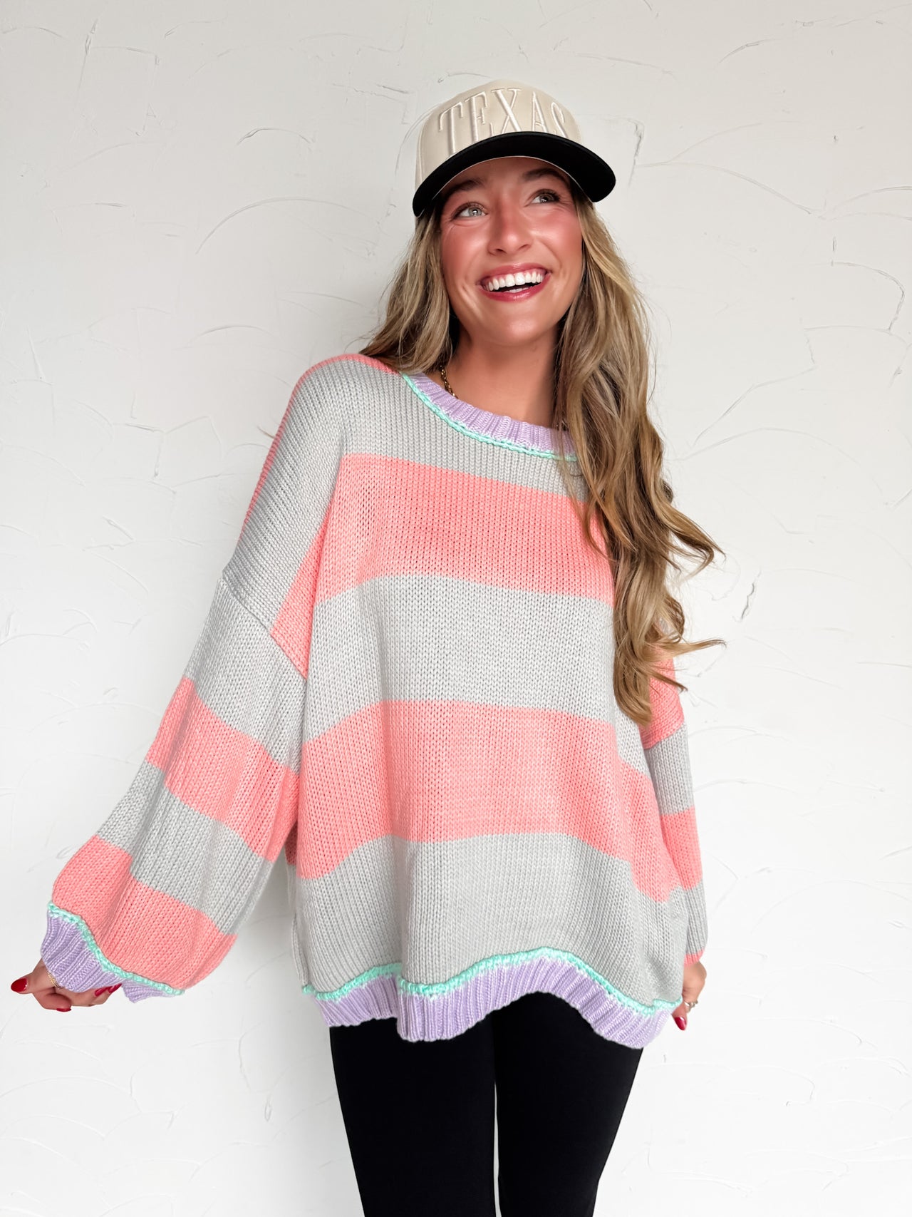 Bold & Sassy Ribbed Stripe Sweater- Grey/Pink