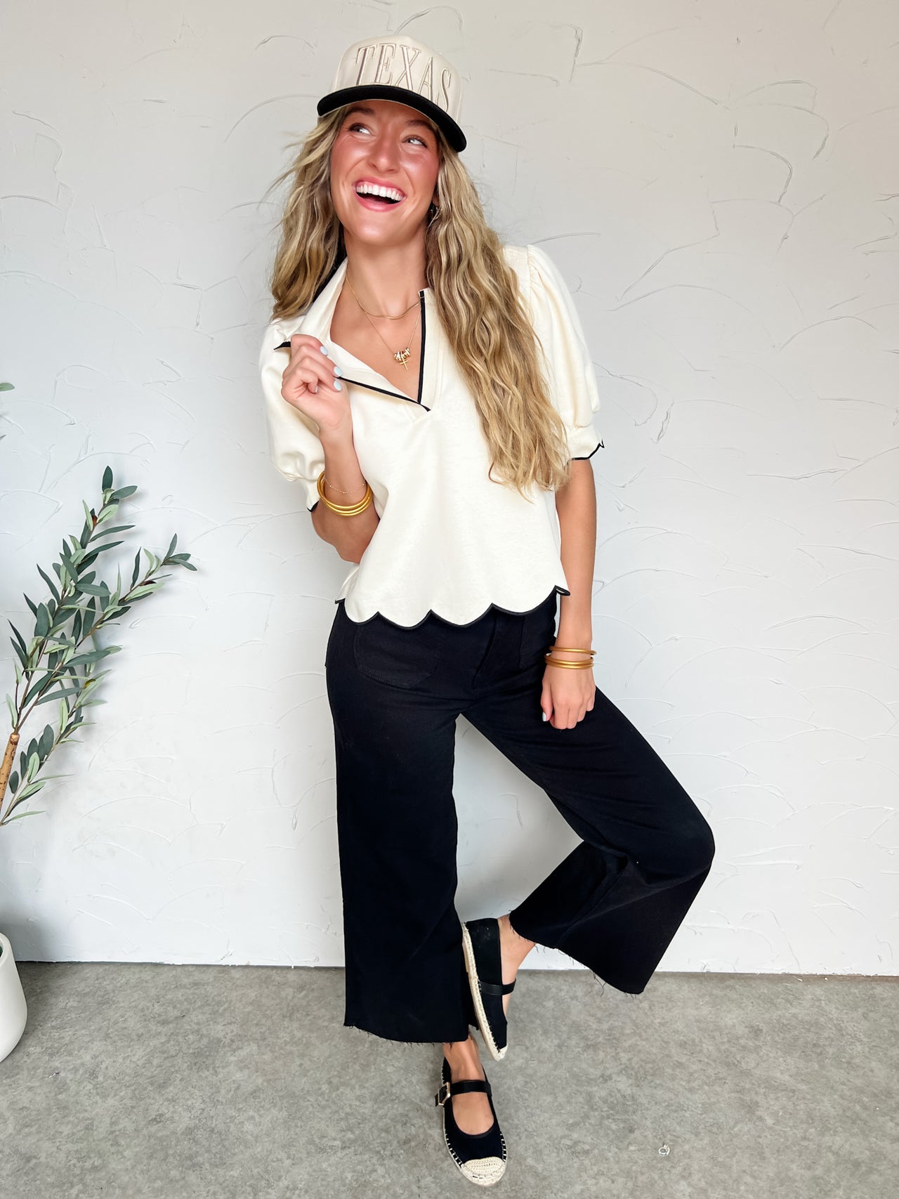 Visual Learner Collared V Neck Top- Ecru