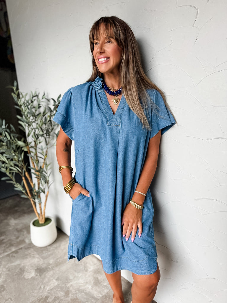 To Be Seen Simple V Neck Denim Dress