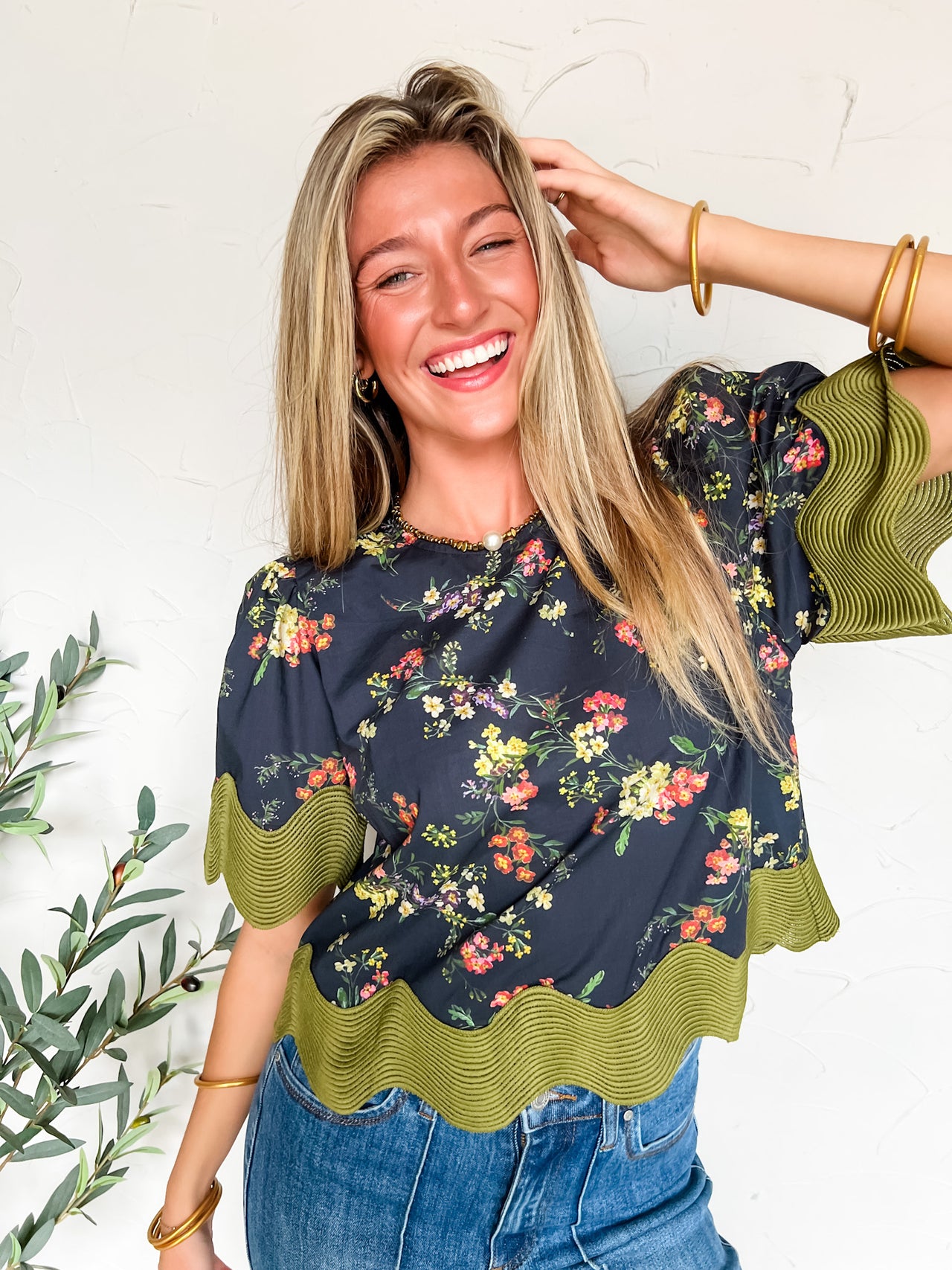 Thankful For You Stripe Wavy Hem Floral Top