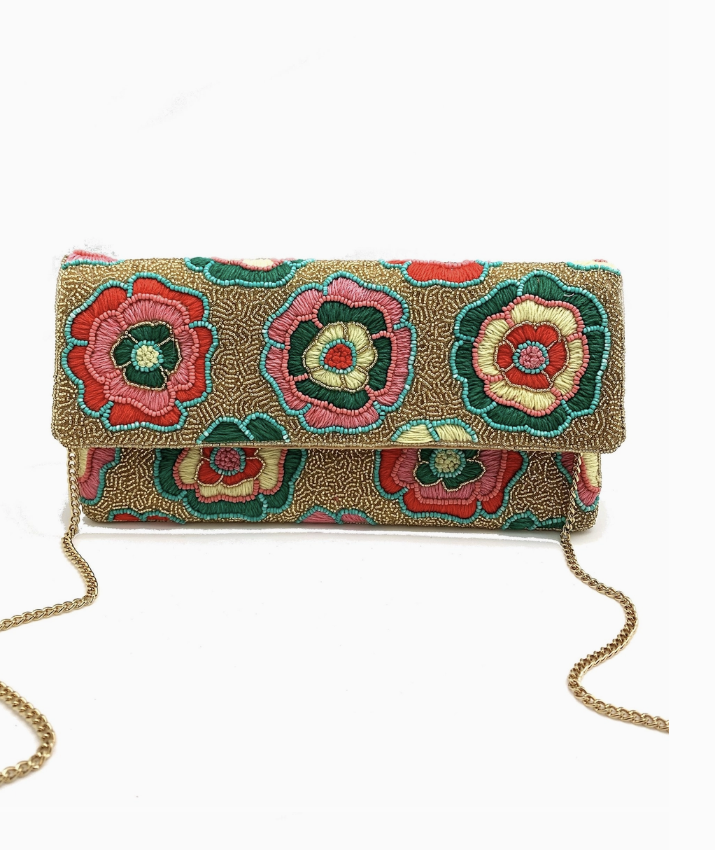 Floral patterned beaded clutch bag with chain strap on a white background