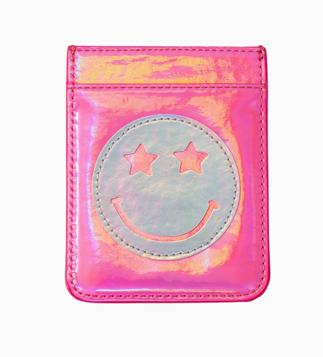 Holographic pink and silver cardholder with a smiley face with star eyes design on a white background