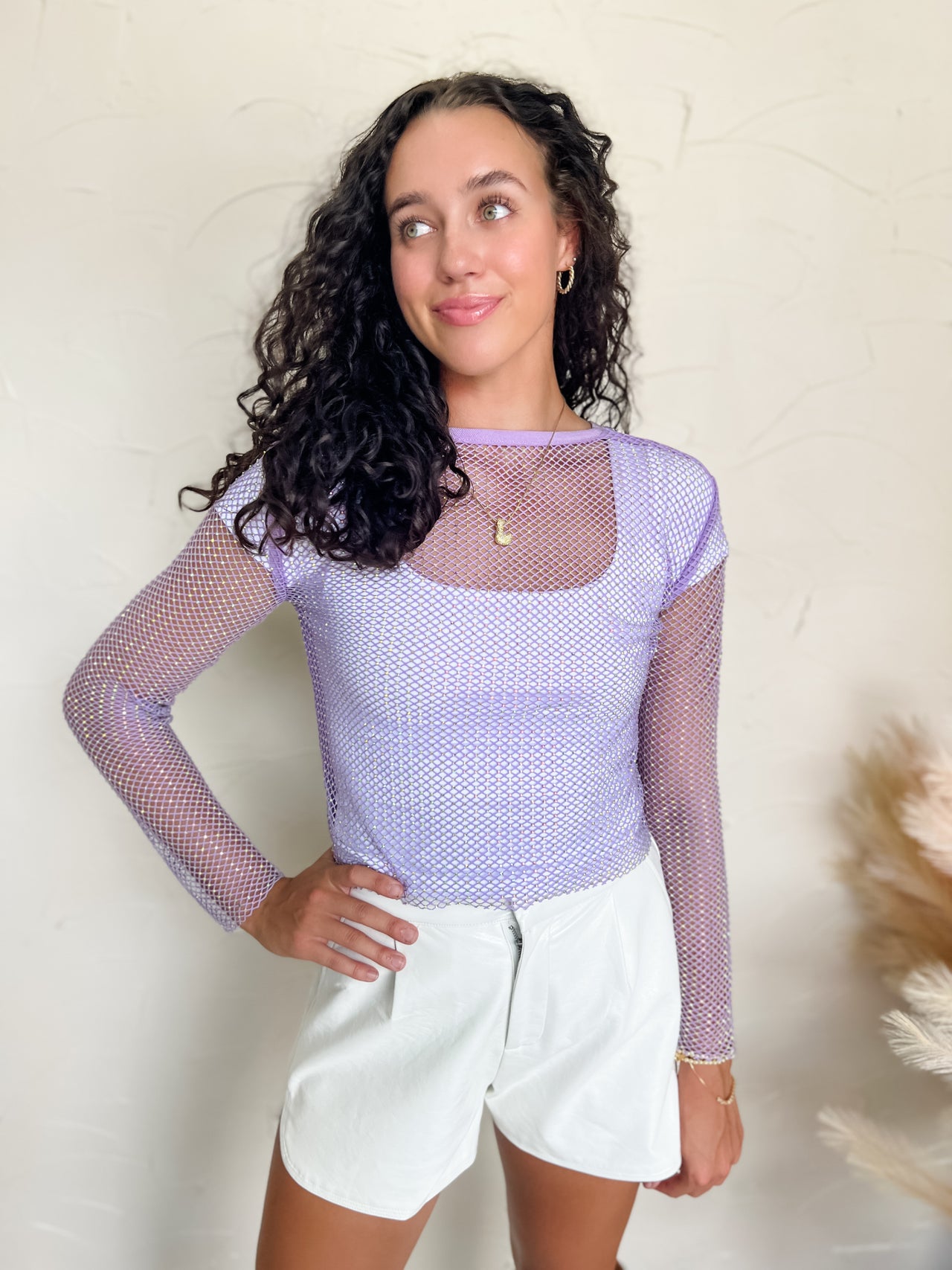 Showstopper Rhinestone Fishnet Top- Purple