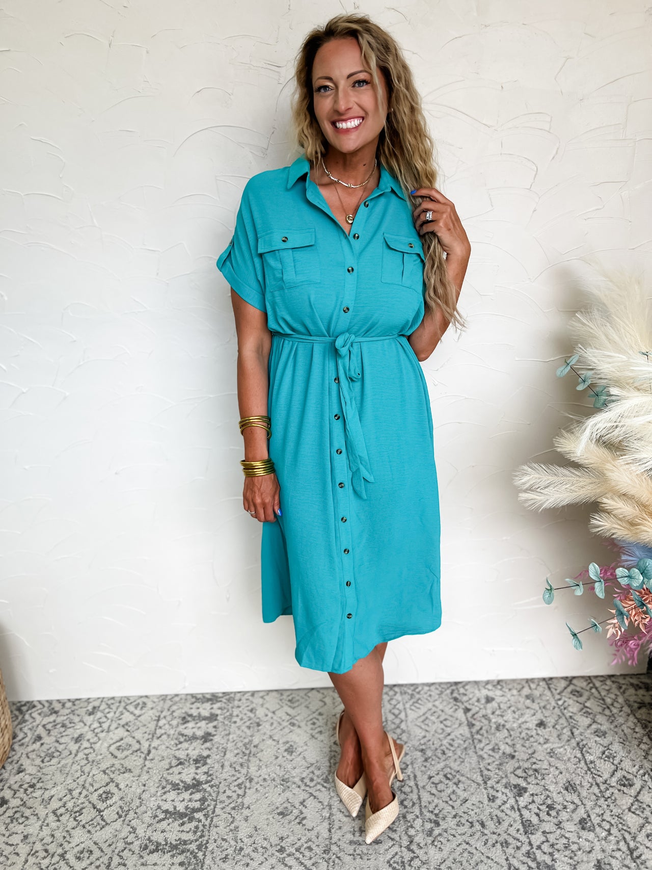 Where Life Happens Button Down Dress- Emerald