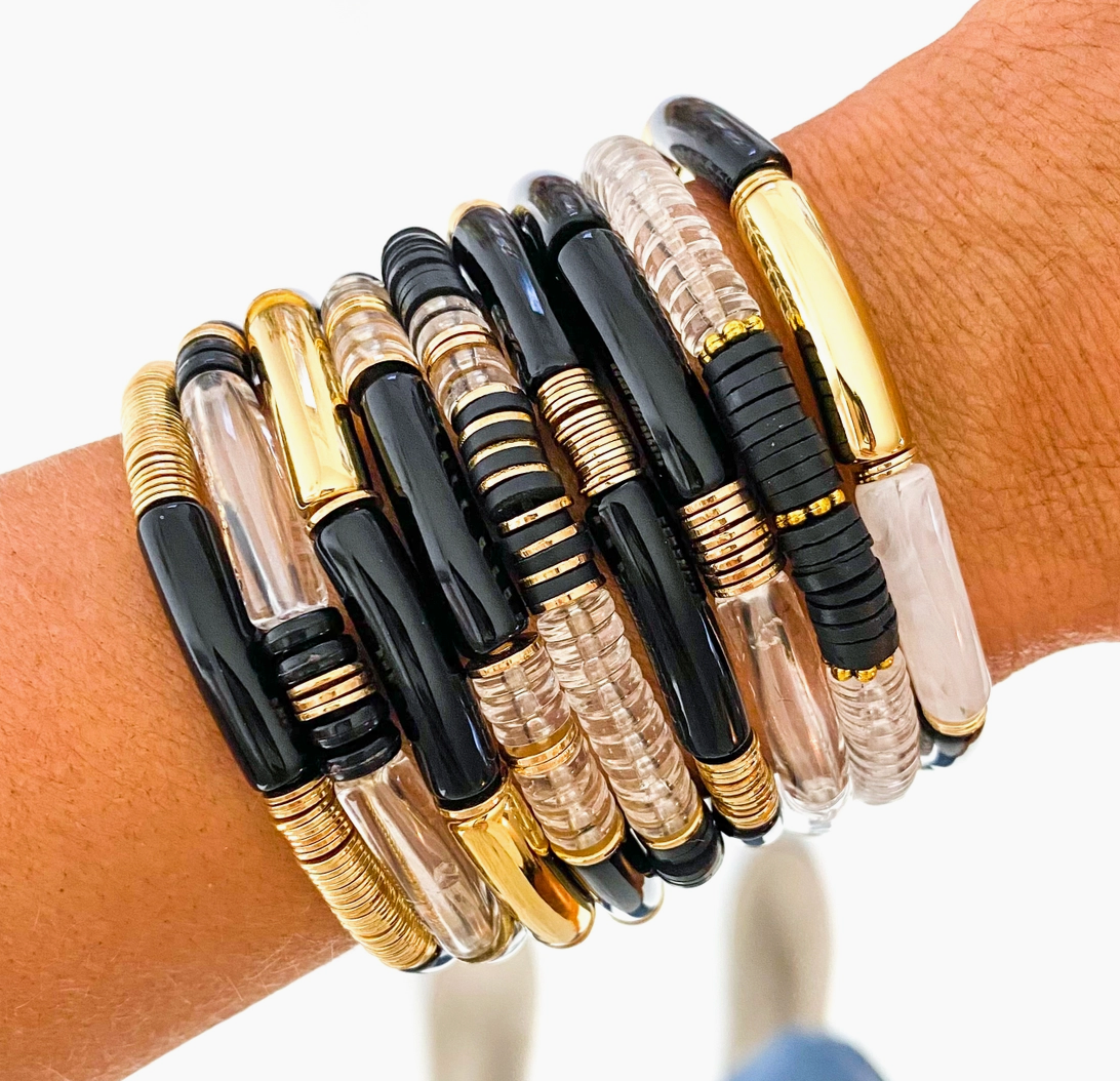 {SB} Small Black Acrylic Tube Bamboo Bracelet (9pc)