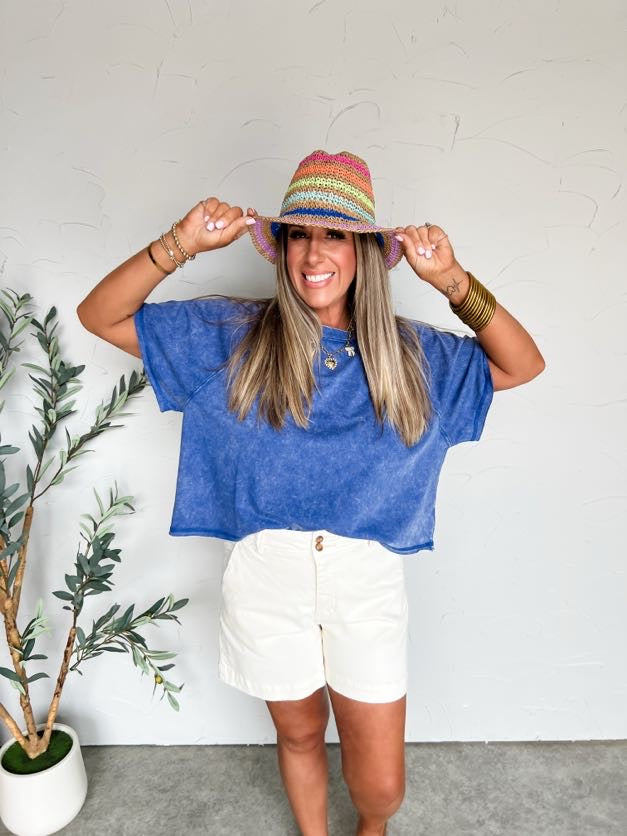 She's The Real Deal Acid Wash Cropped Tee- Blueberry