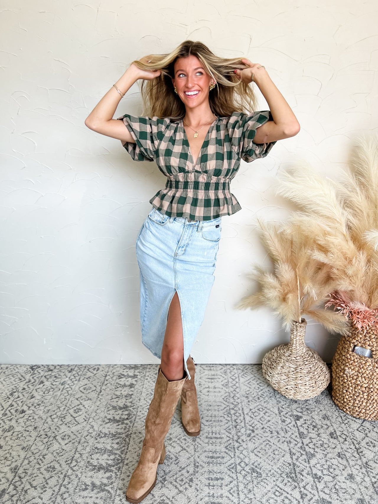 Meet Me At The Patch Gingham Top- Green