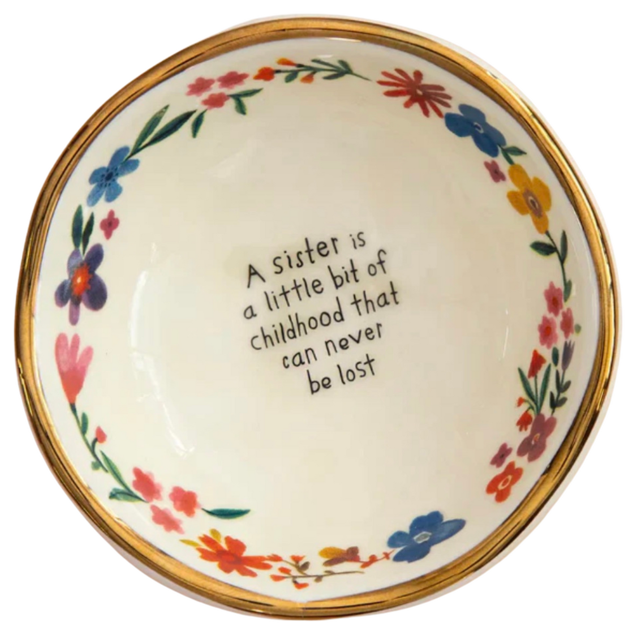 Decorative trinket bowl with floral design and text on a white background