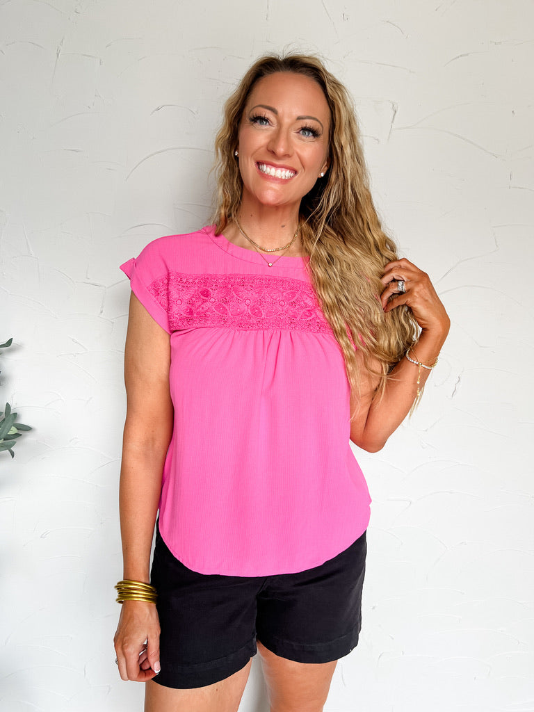Keep It Pretty Floral Eyelet Lace Trim Top- Fuchsia