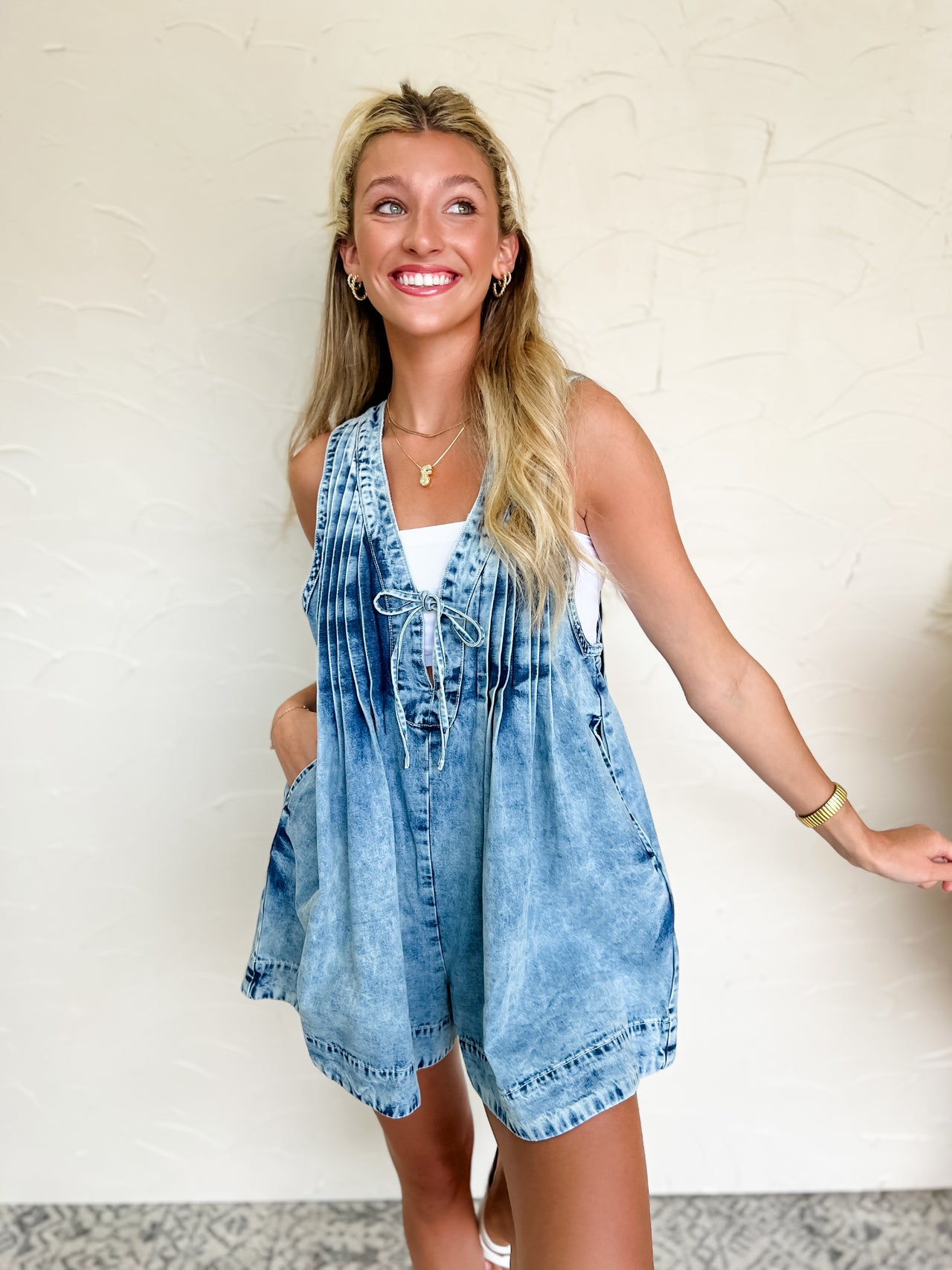 Let's Be Clear V Neck Pleated Denim Romper