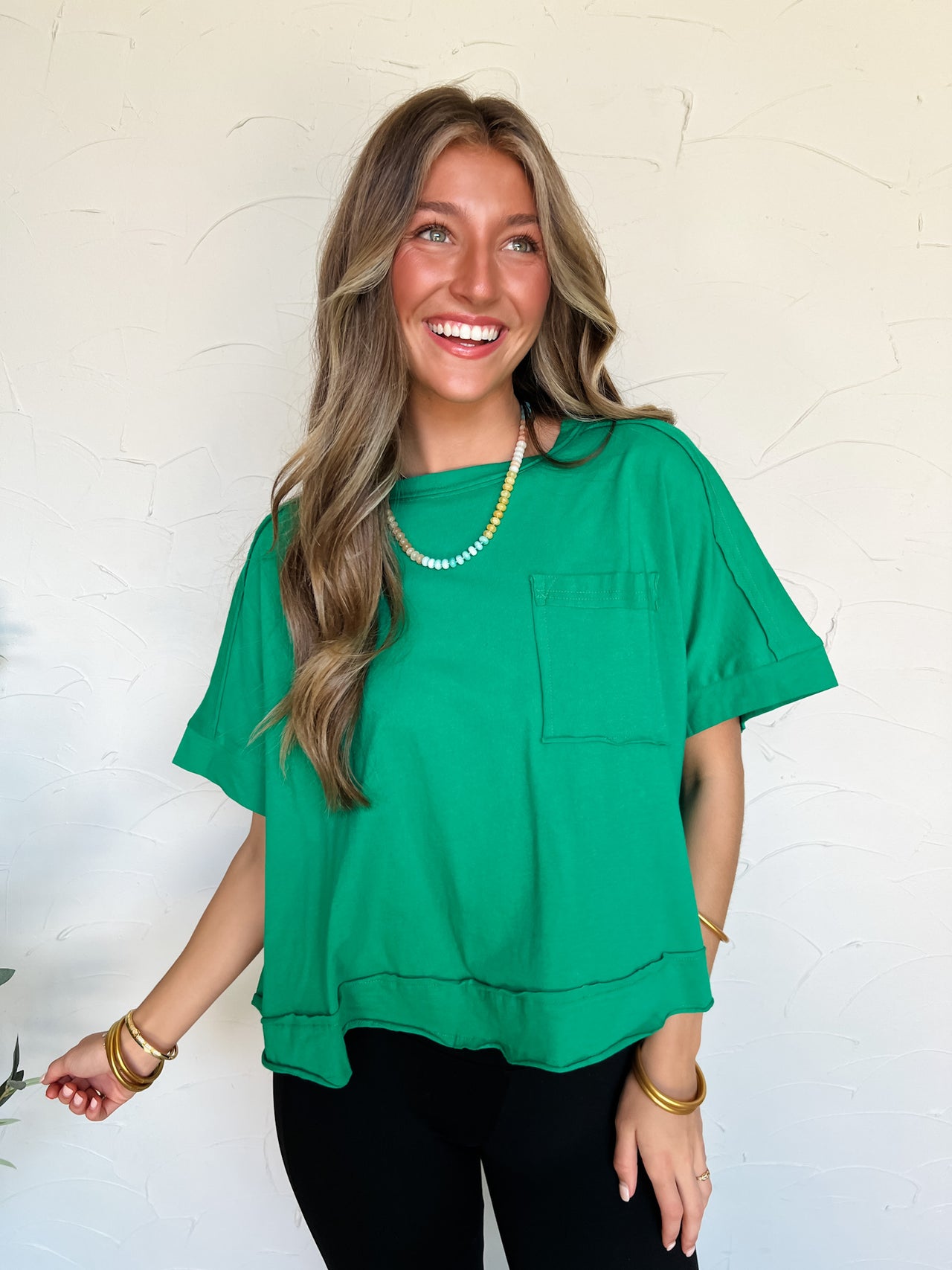 On my Level Exposed Seam Cropped Top- Kelly Green