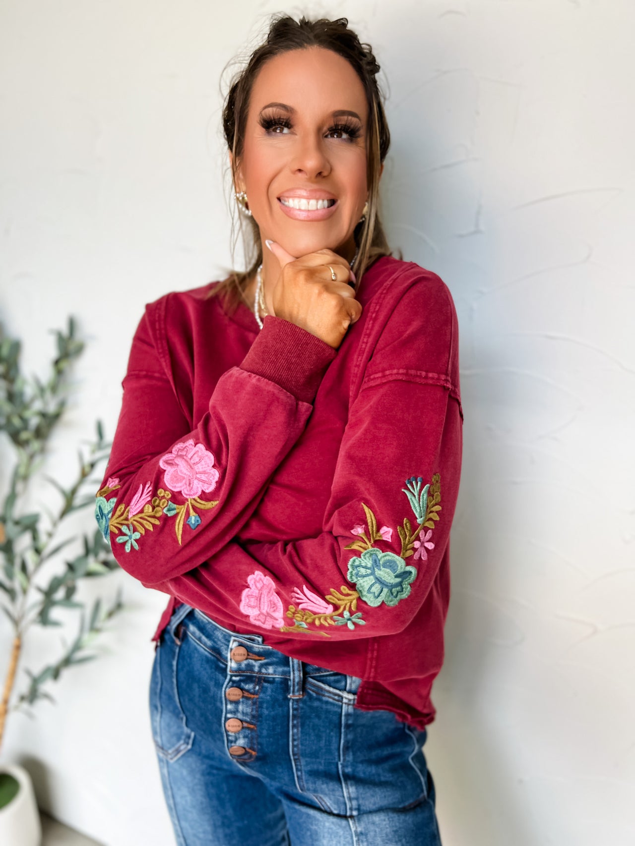 Just A Theory Floral Embroidered Mineral Wash Top- Wine