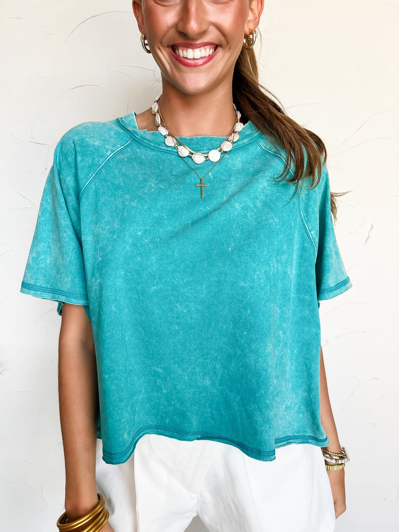 She's The Real Deal Acid Wash Cropped Tee- Lt Teal