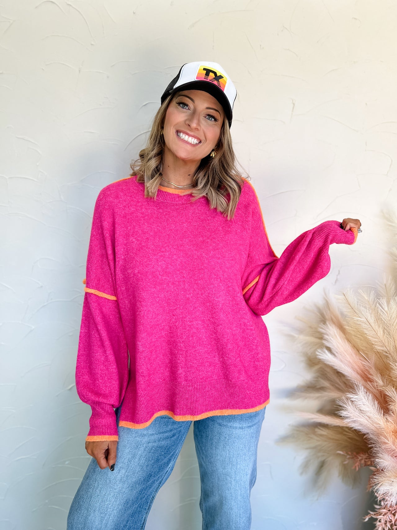 Snuggle Weather Contrast Sweater Top- Hot Pink