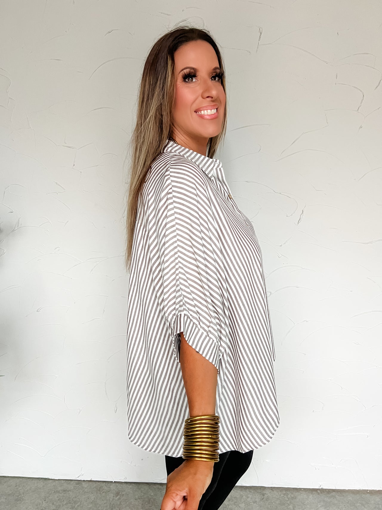 Best Thing In Life Rayon Striped Button Up Top- Brown