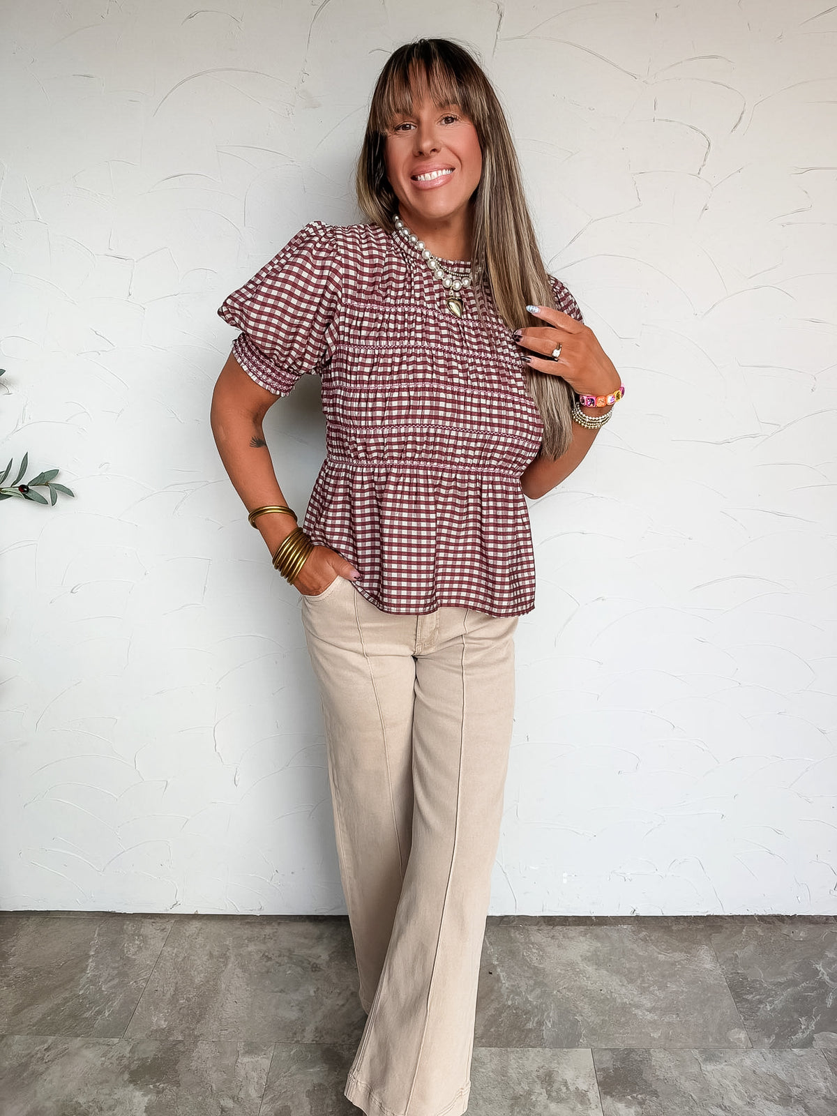 Delightful Days Plaid Smocked Puff Sleeve Top- Burgundy